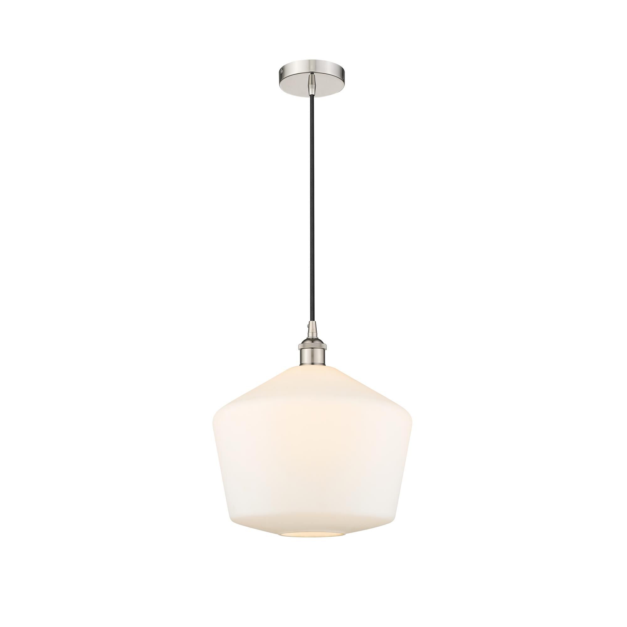 Shown in Polished Nickel finish and Cased Matte White Cindyrella 12