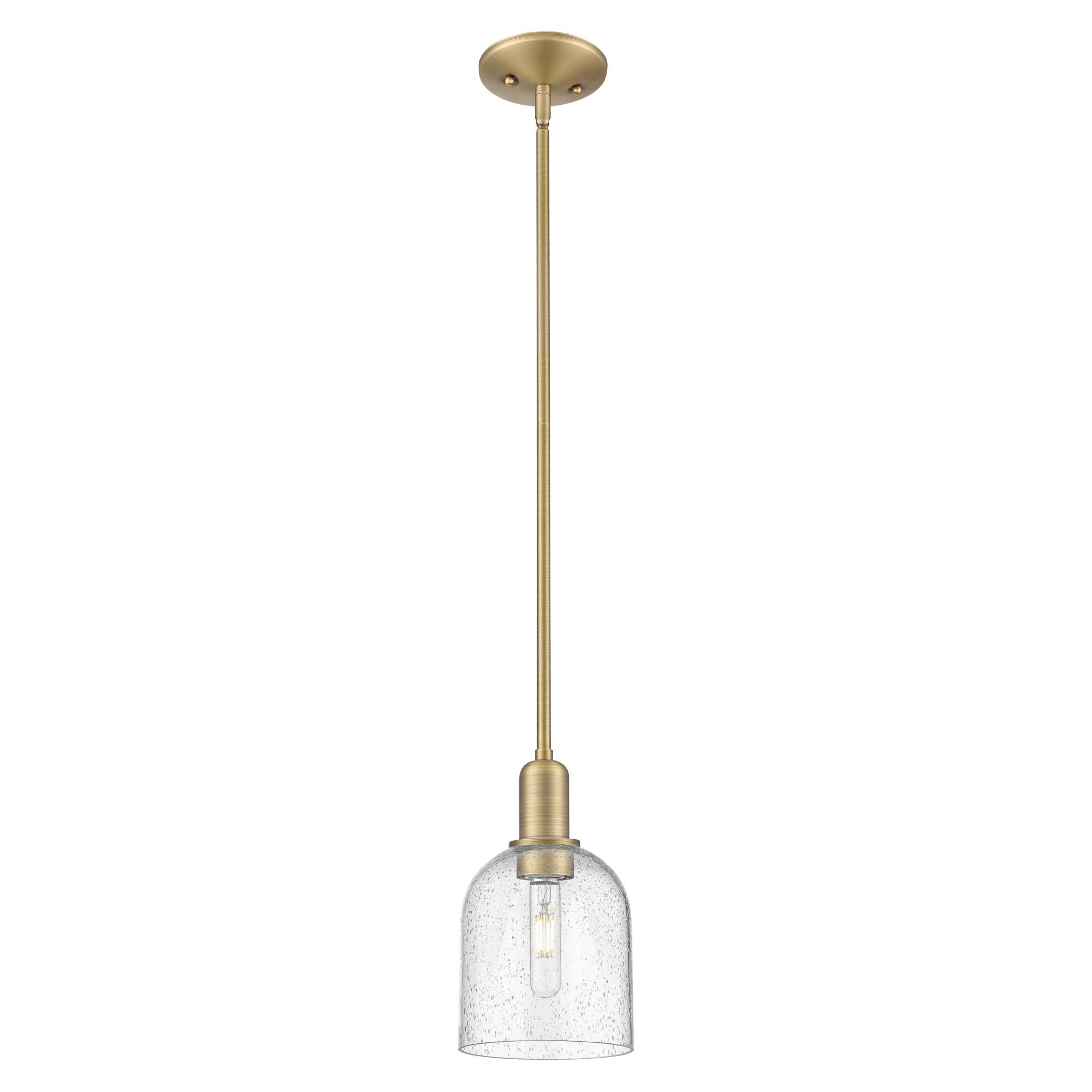 Shown in Brushed Brass finish and Seedy glass