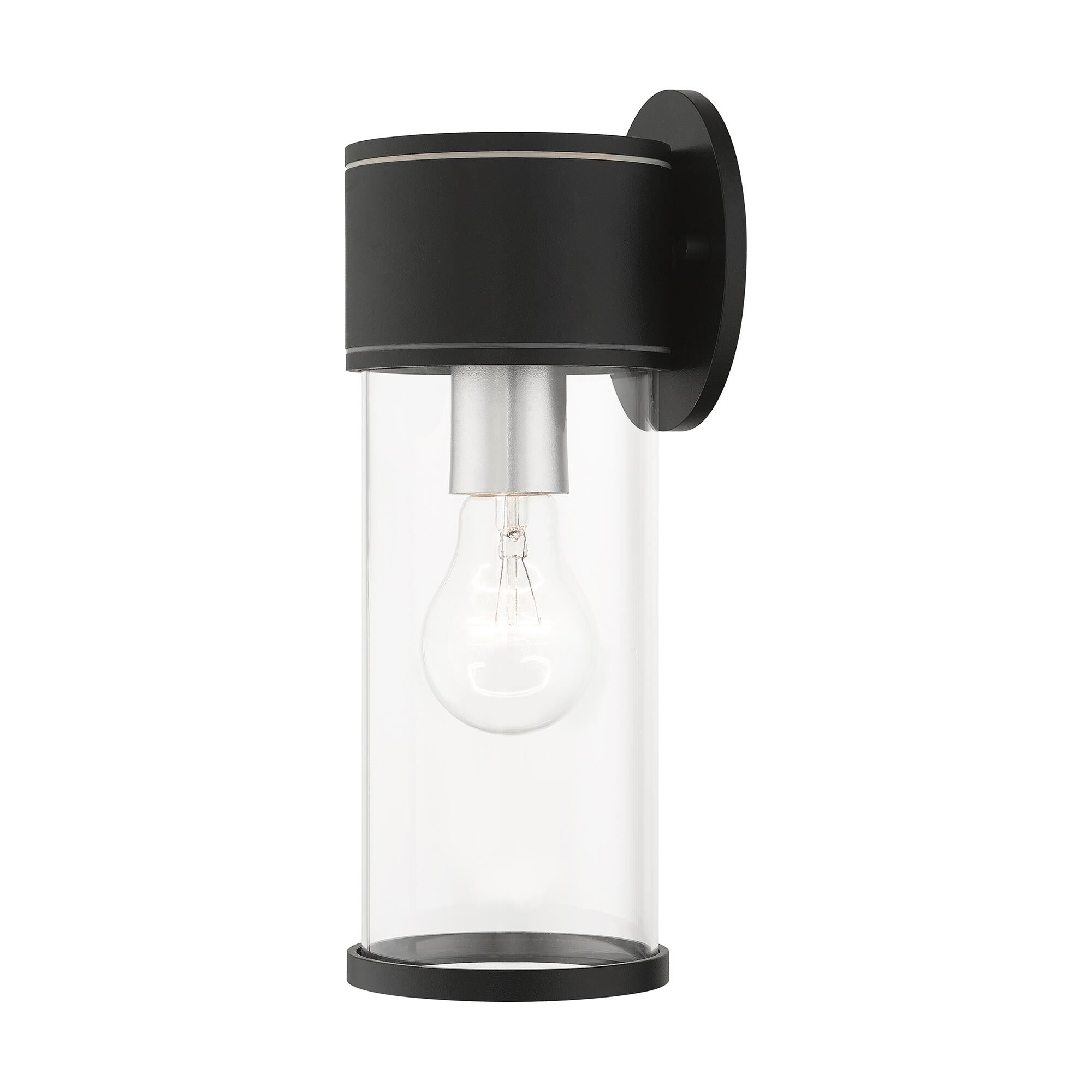 Shown in Textured Black With Antique Silver Accents finish and Clear glass