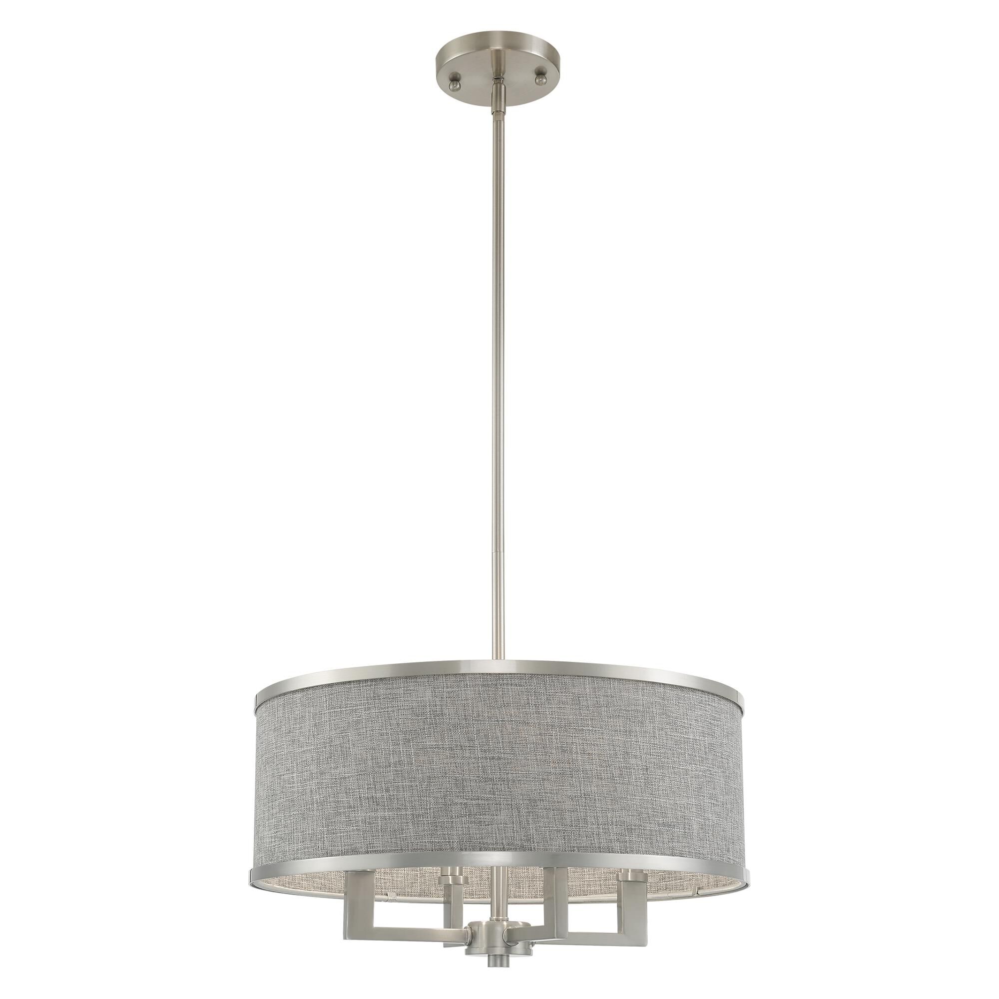 Shown in Brushed Nickel finish and Hand Crafted Gray Fabric Hardback shade