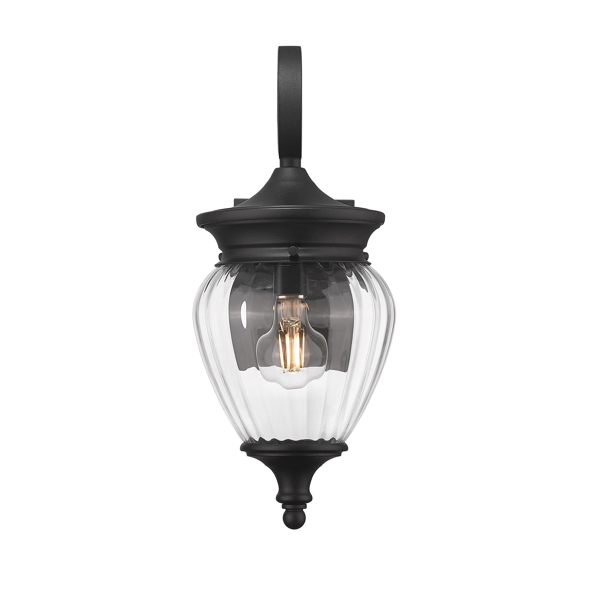 Shown in Black finish and Clear Ribbed glass and Clear Ribbed shade