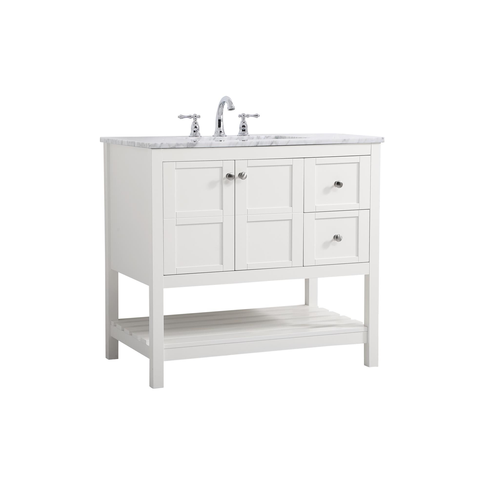 Shown in White And Brushed Nickel With Carrara White Marble finish