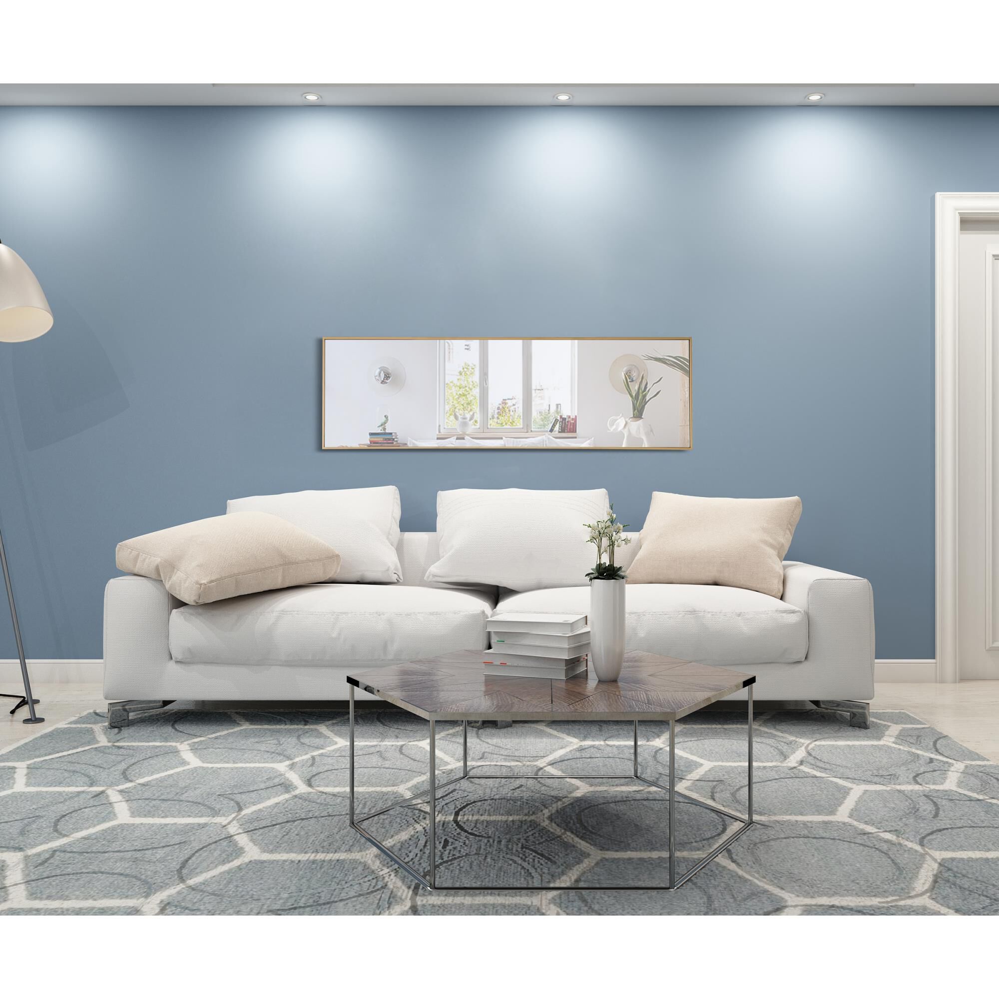 Shown in Brass finish and Clear Mirror Beveled glass