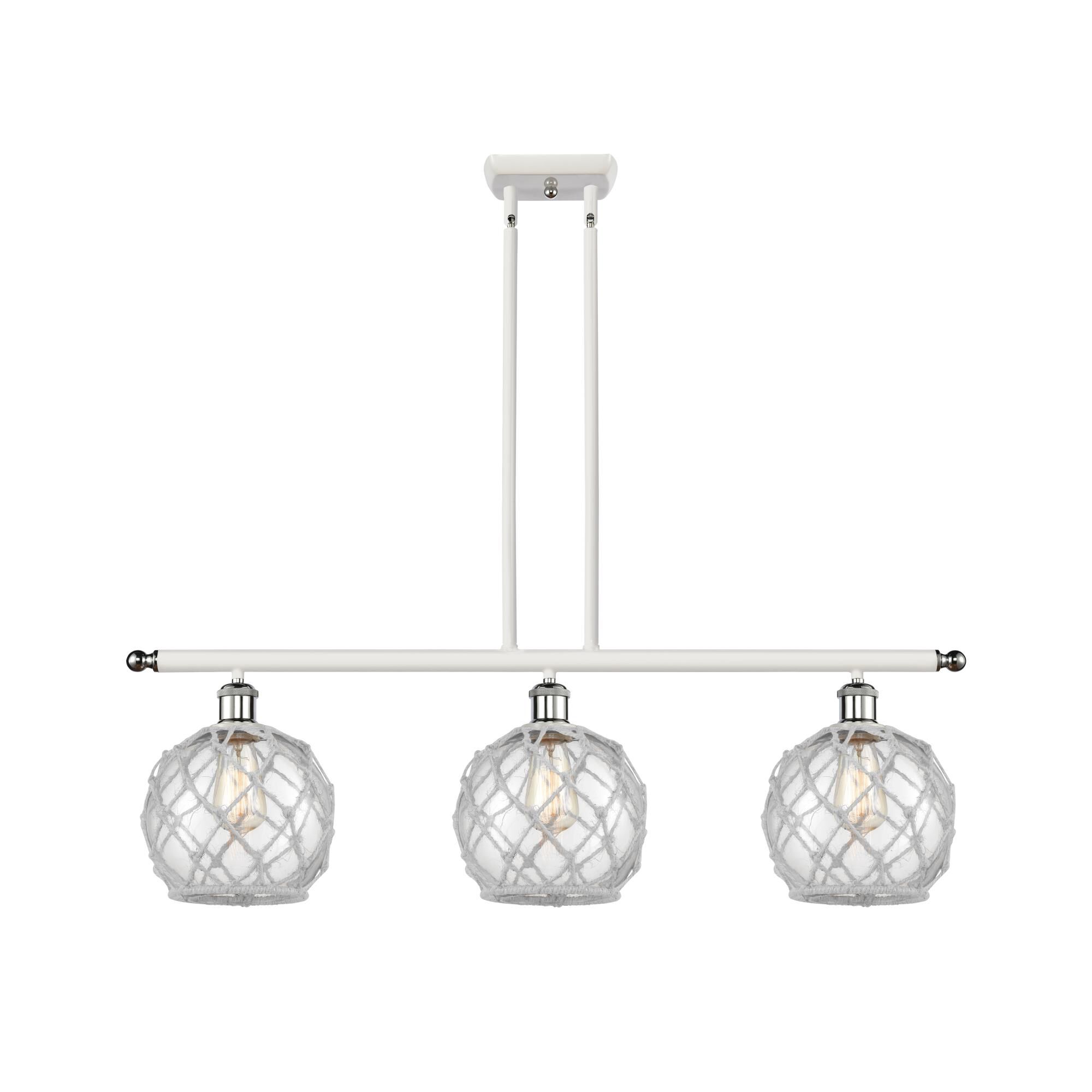Shown in White And Polished Chrome finish and Sphere glass and Glass And Rope shade and Polished Chrome accent