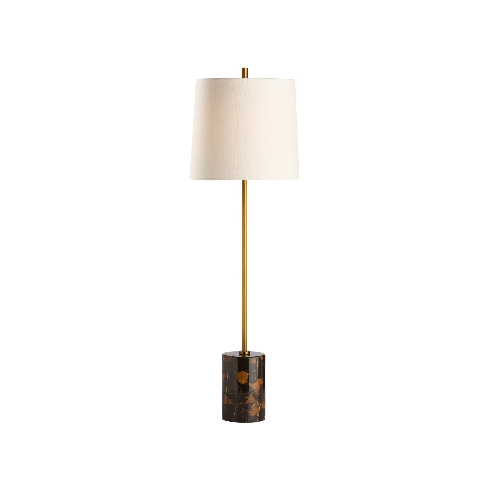 Shown in Gold and Brown finish and Linen shade