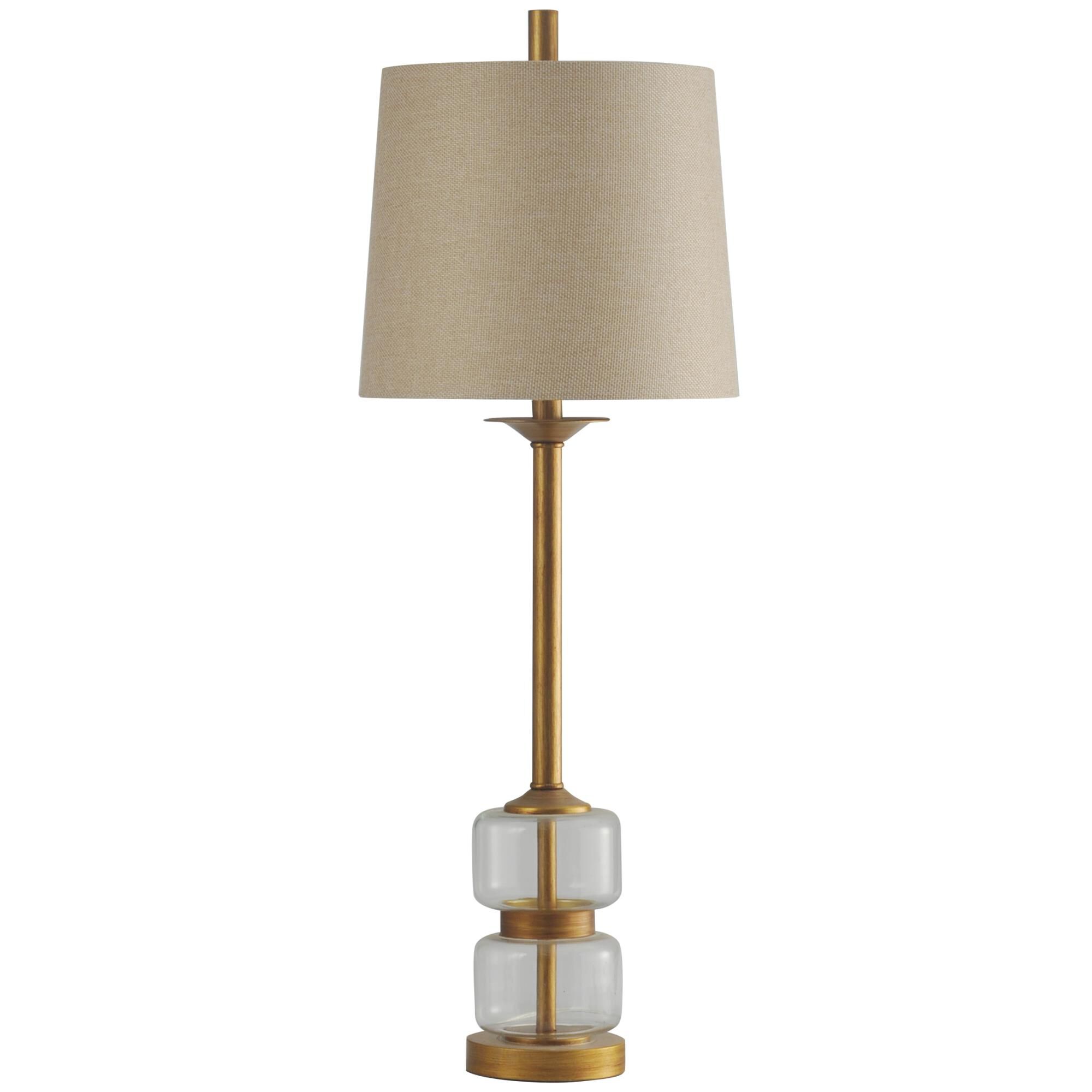Shown in Clear And Gold finish and Beige Hardback Fabric shade