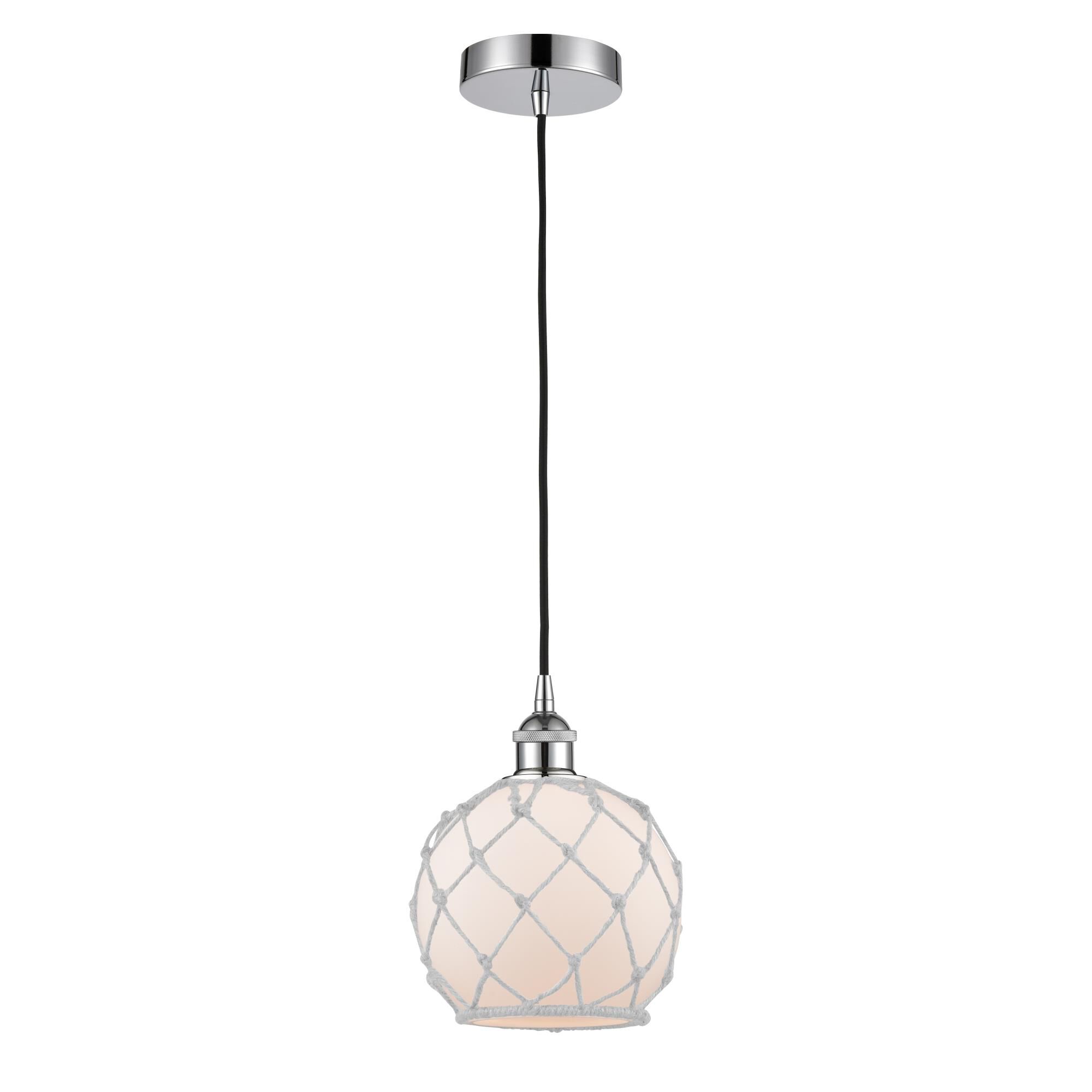 Shown in Polished Chrome finish and White Farmhouse With White Rope glass