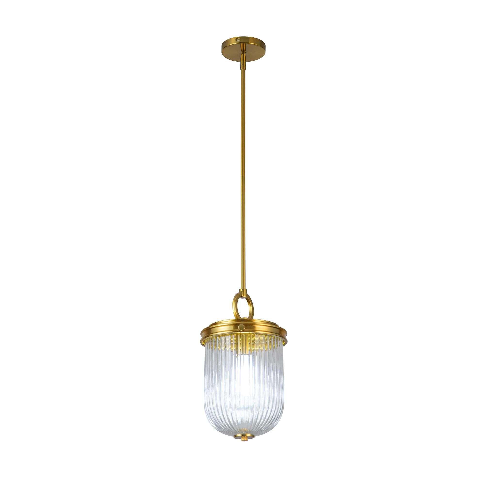 Shown in Vintage Brass finish and Ribbed glass
