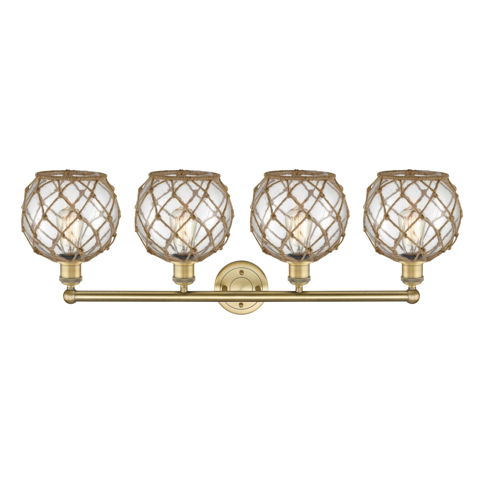 Shown in Brushed Brass finish and Clear with Brown Rope glass