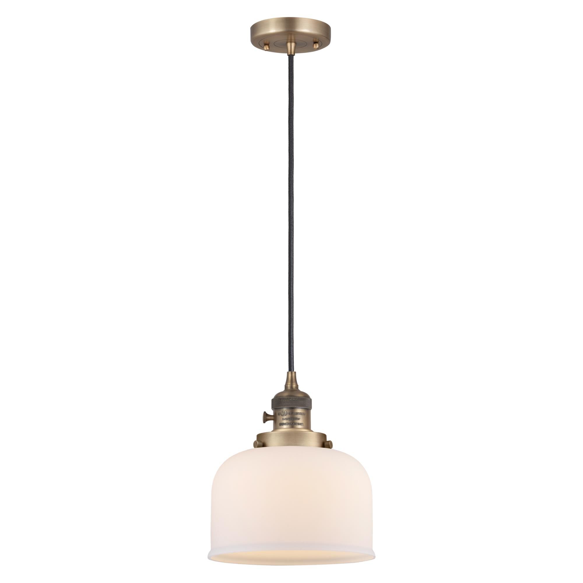 Shown in Brushed Brass finish and Matte White glass