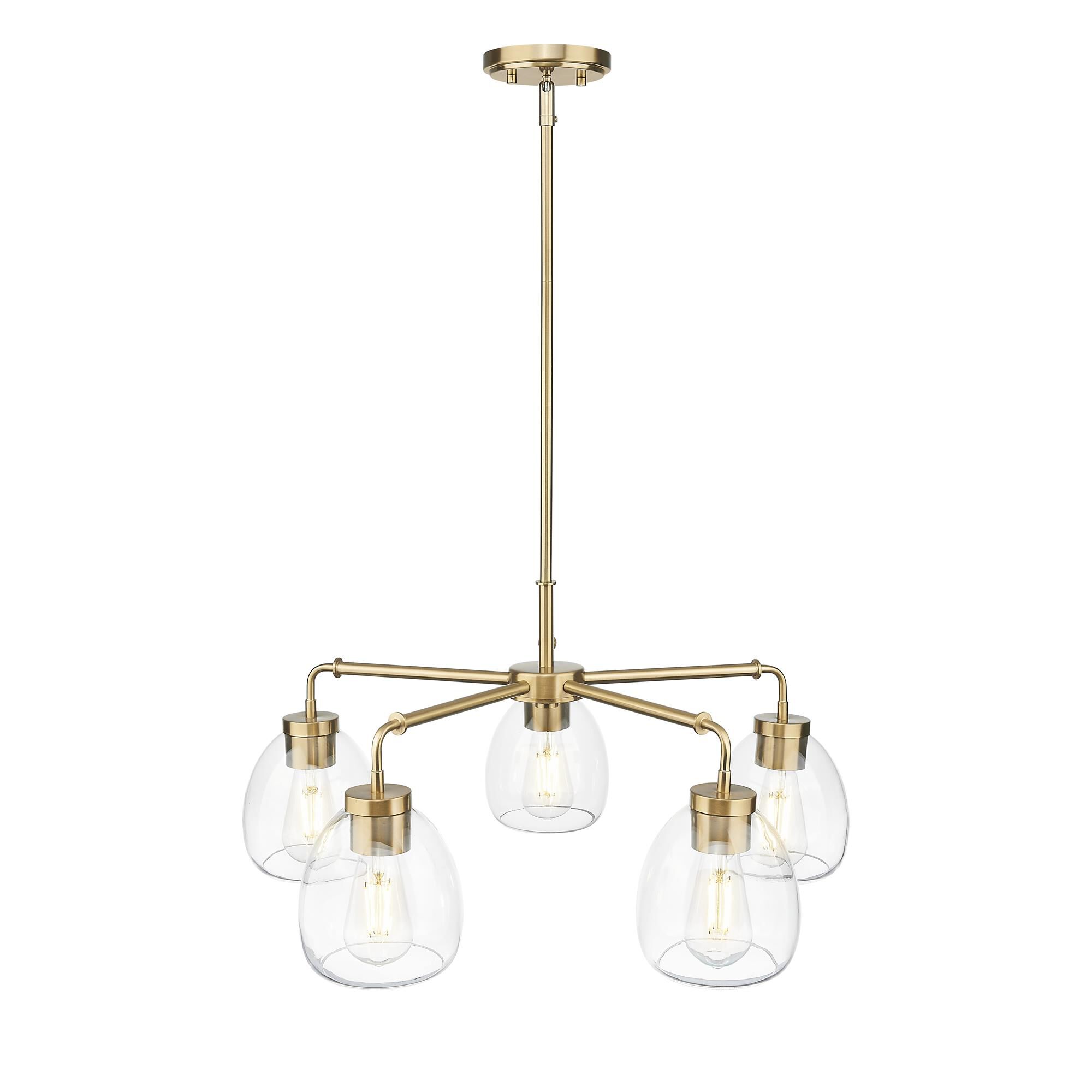 Shown in Brass finish and Clear Glass Globes shade