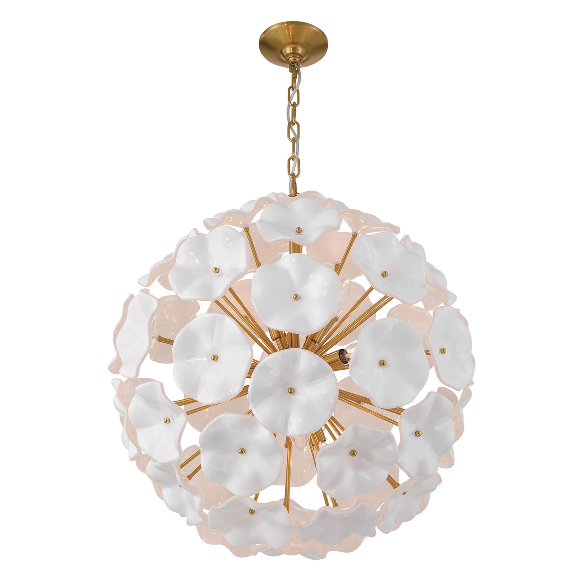 Shown in Aged Brass finish and Floral Petals White glass