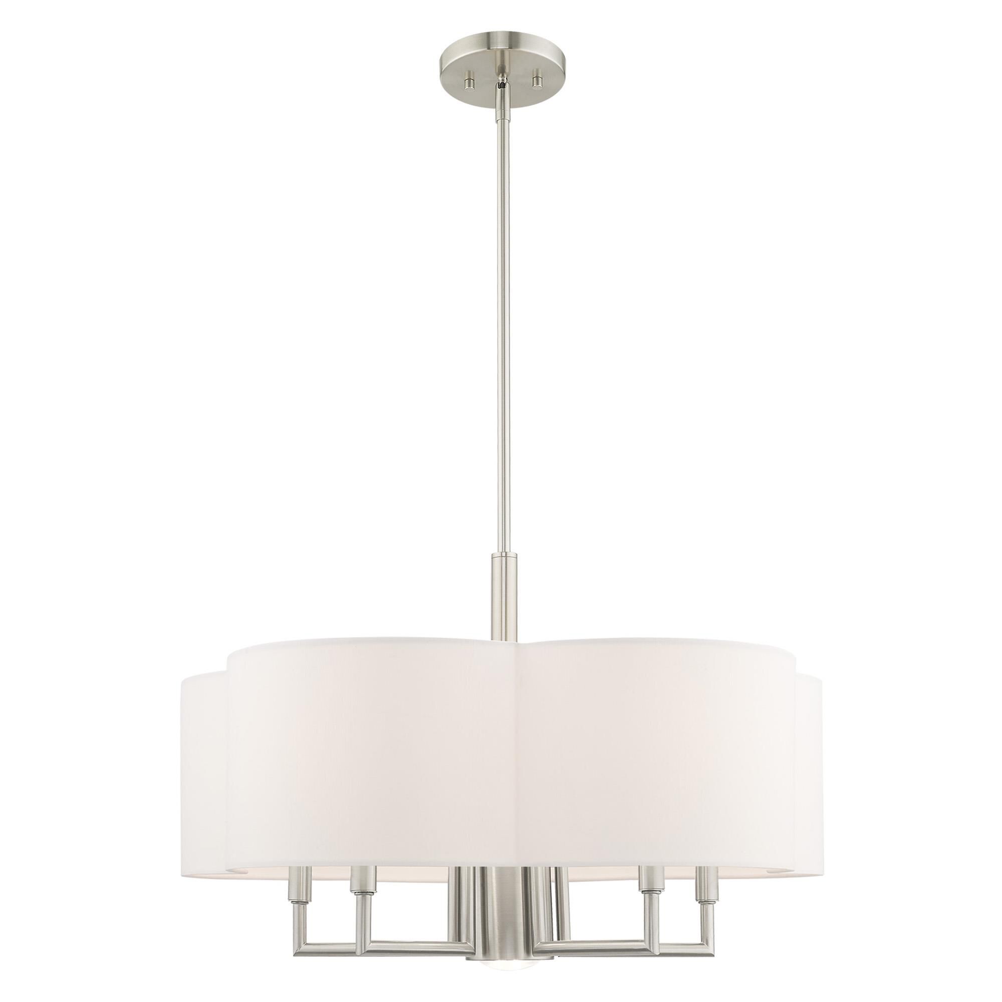 Shown in Brushed Nickel finish and Hand Crafted Off-White Fabric Hardback shade