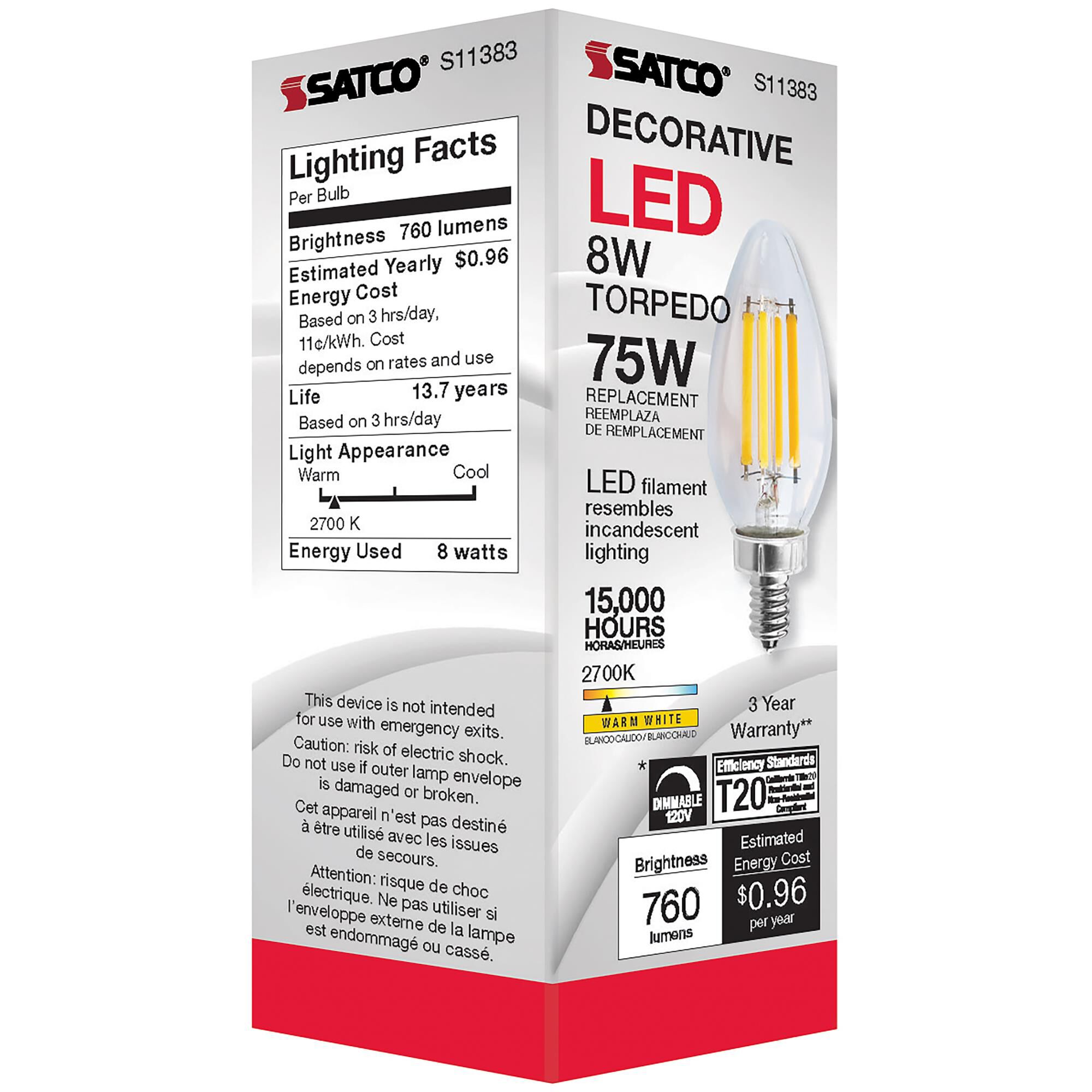 Dimmable 8 Watt 2700K C11 LED Light Bulb by Satco
