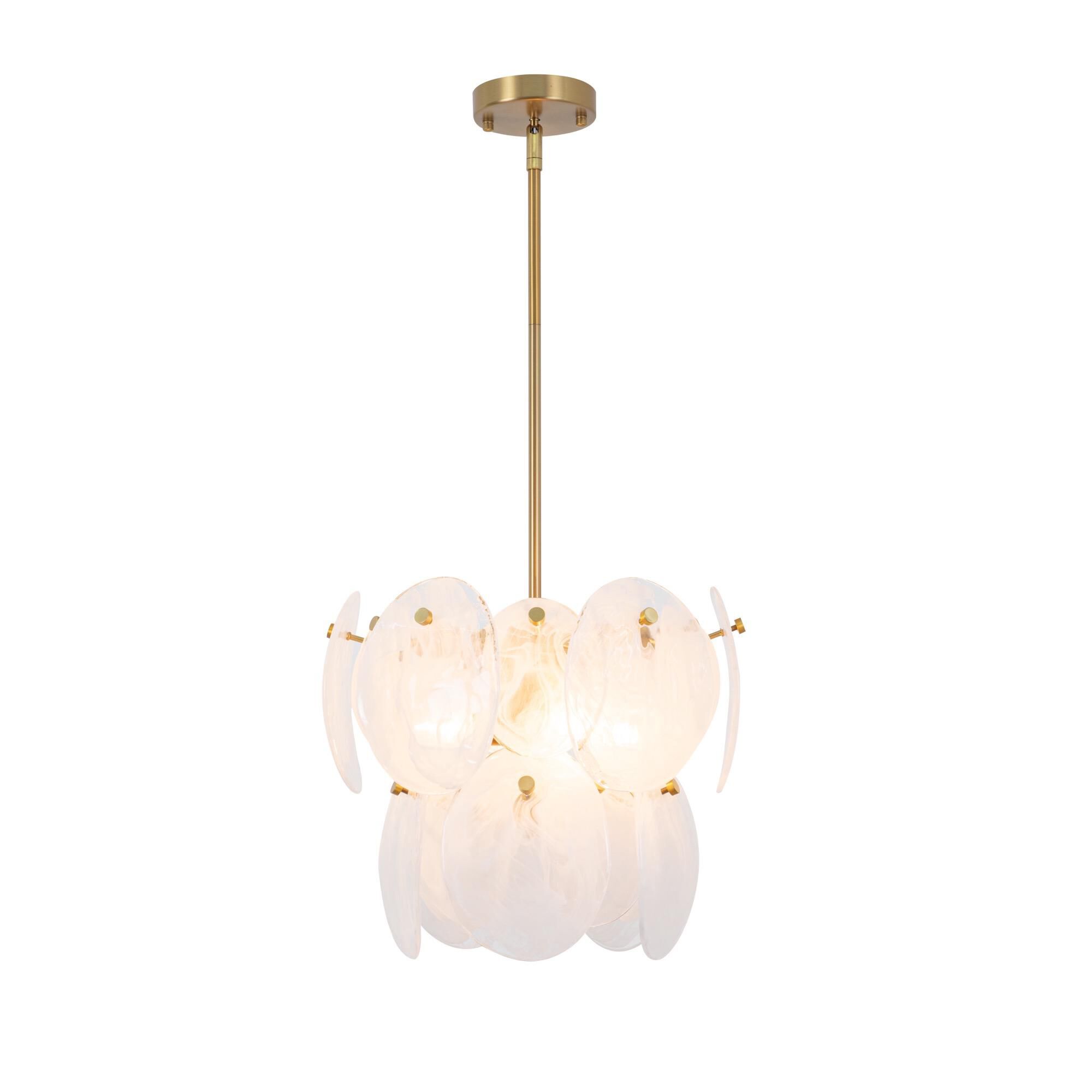 Shown in Brushed Brass finish and Wispy White Murano Style glass