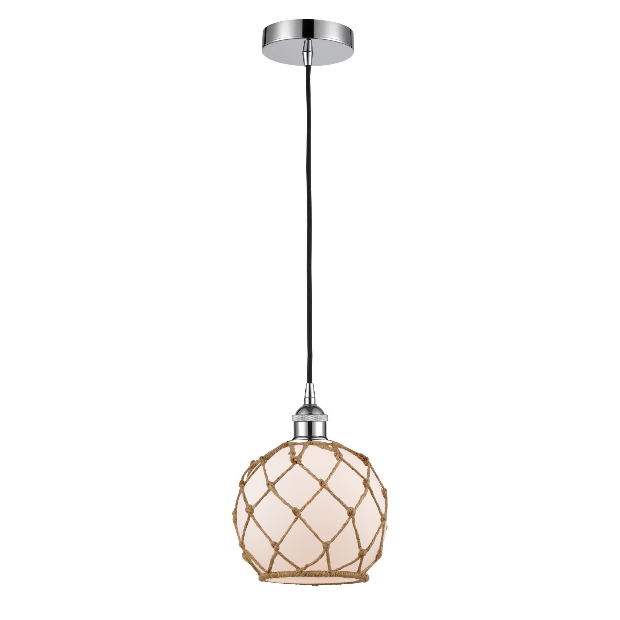 Shown in Polished Chrome finish and White Farmhouse With Brown Rope glass