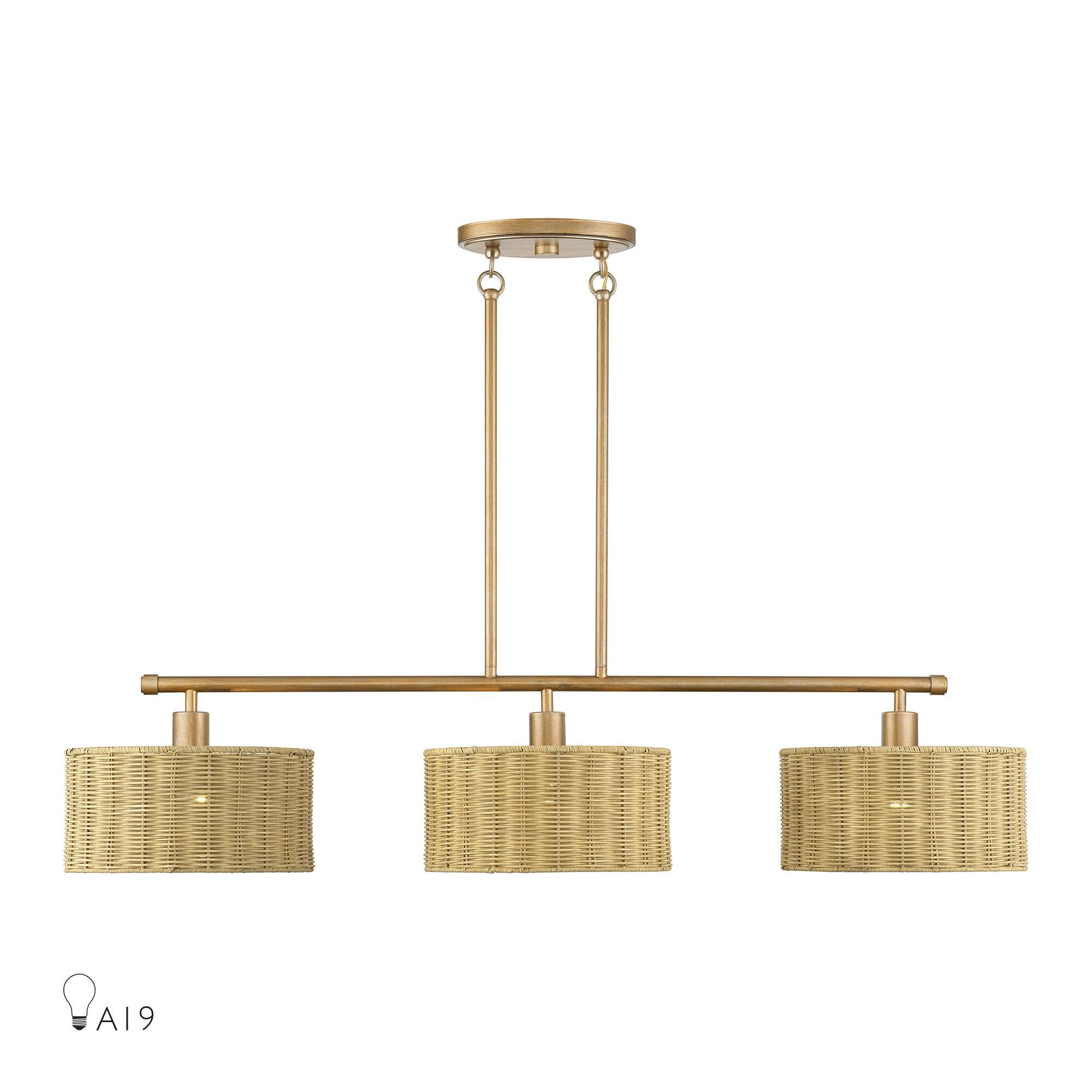 Shown in Antique Gold Leaf finish and Hand-Woven Rustic Walnut Color Rattan shade
