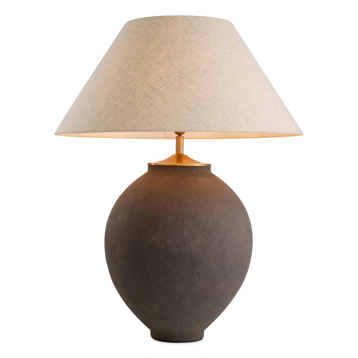 Shown in Taupe, Brushed Brass finish and Linen shade