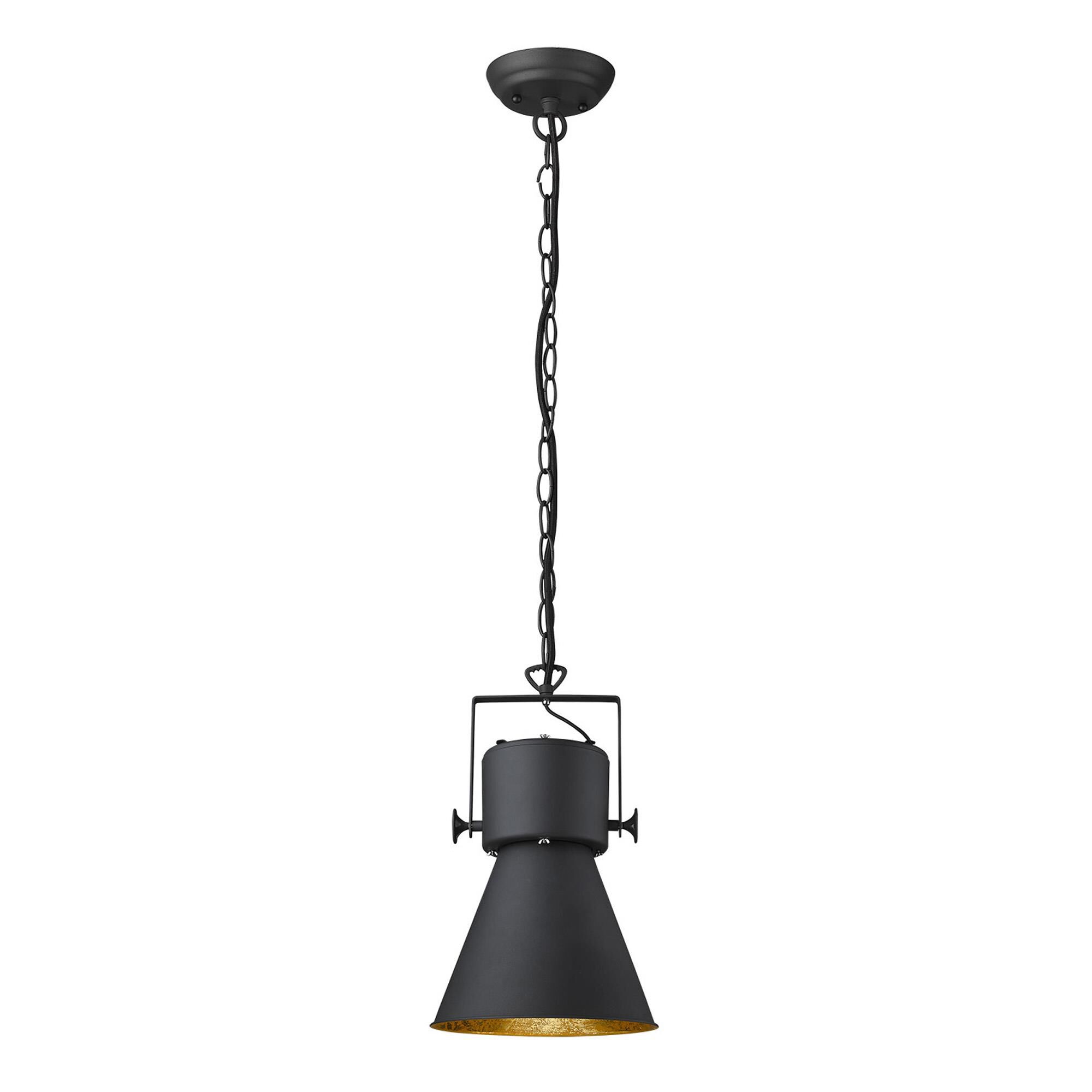 Shown in Matte Black finish and Black glass and Black Metal Cone Shaped  W/ Gold Interior shade