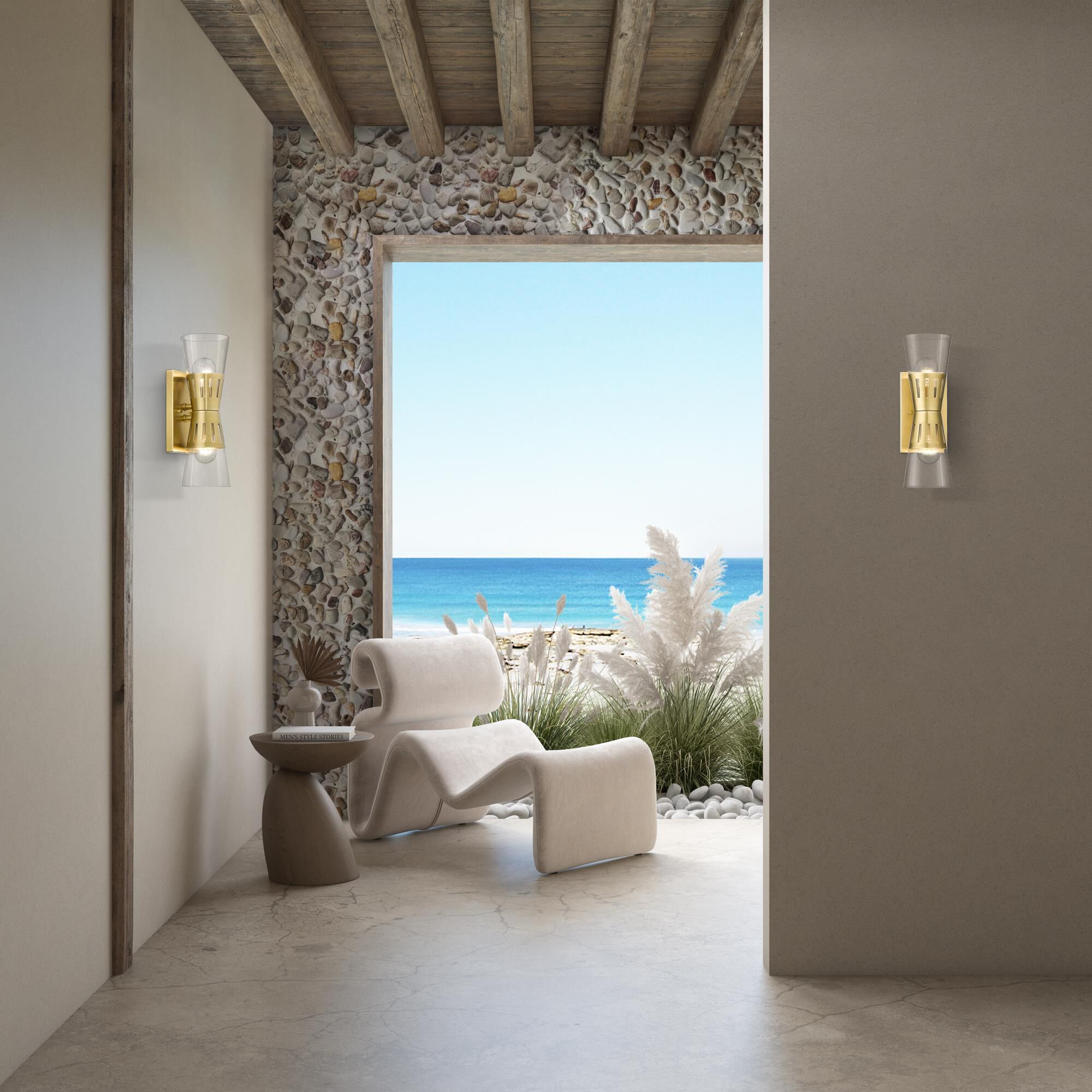 Shown in Natural Brass finish and Hand Blown Clear glass