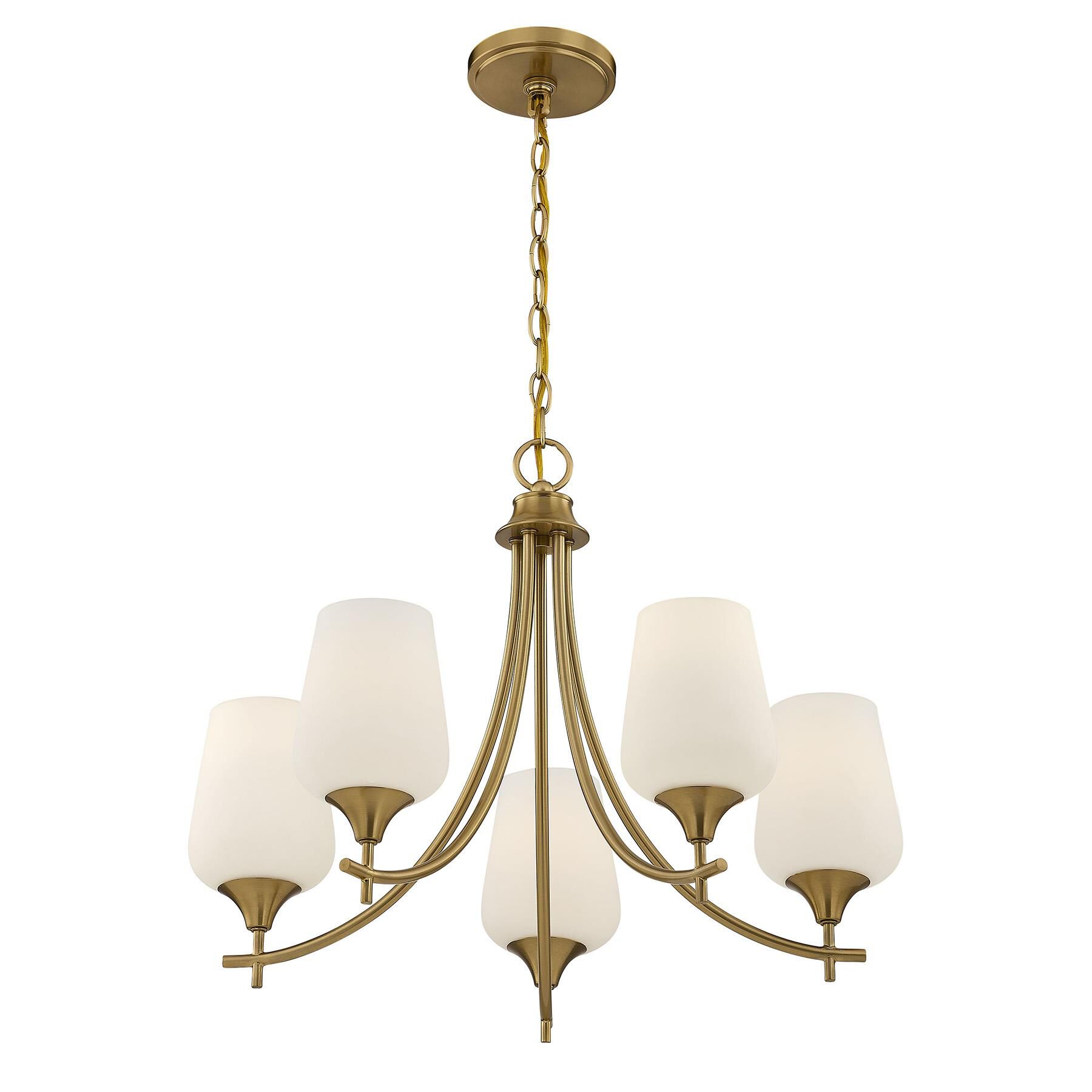 Shown in Warm Brass finish and White Opal glass