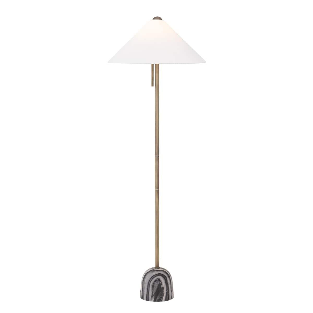Shown in Patina Brass finish and Off White Linen shade