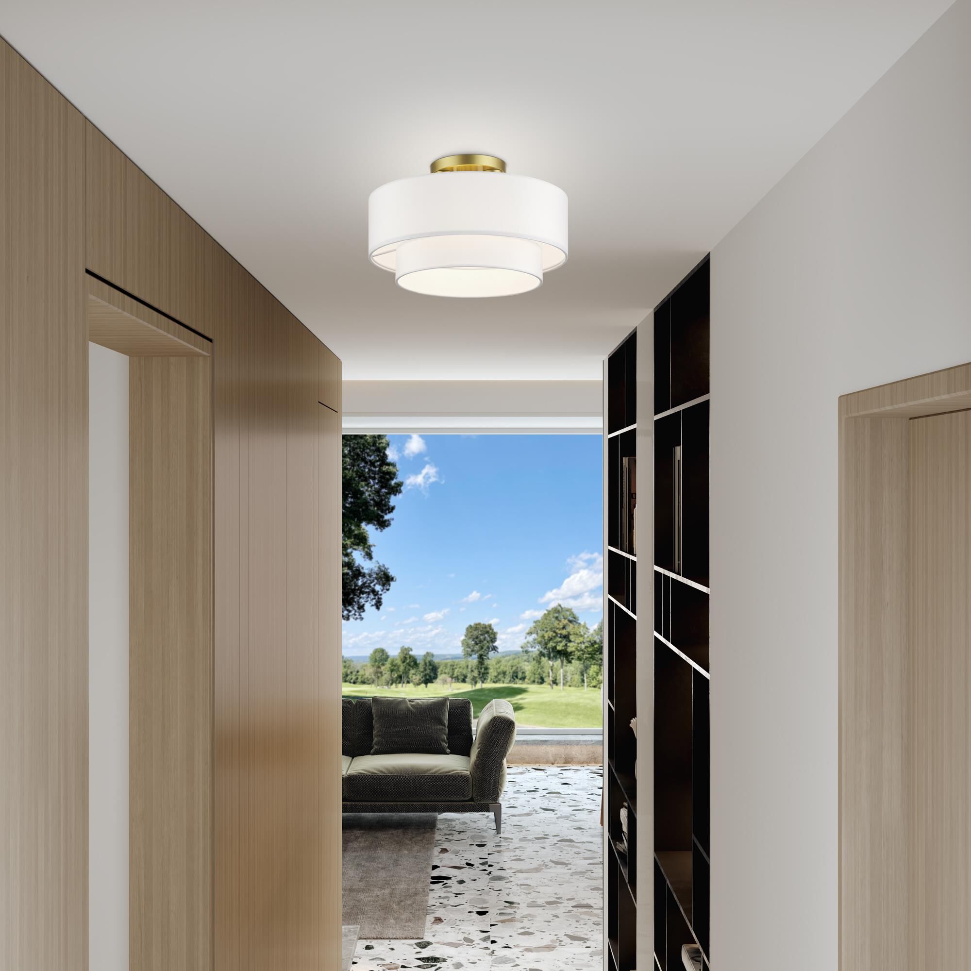 Shown in Soft Gold finish and Hand Crafted Off-White Fabric Hardbacks with White Fabric Inside shade