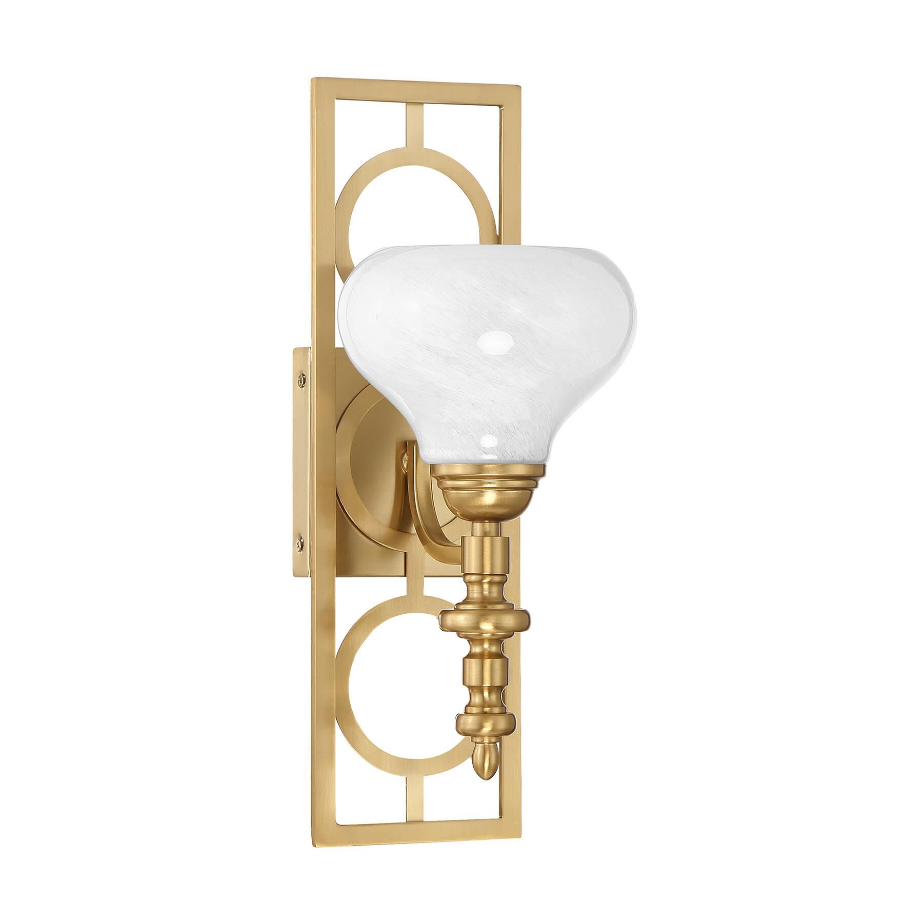 Shown in Warm Brass finish and White Strie glass