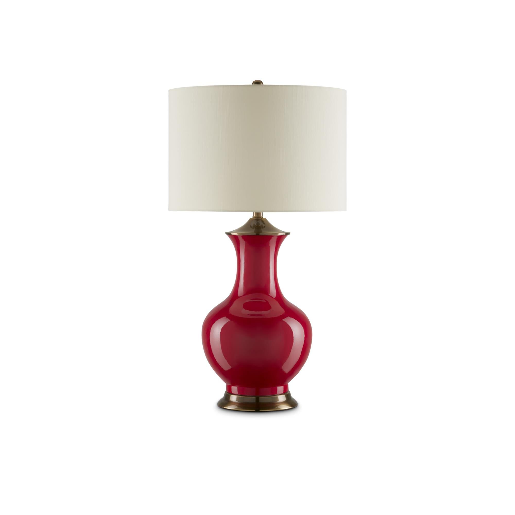 Shown in Red, Antique Brass finish and Eggshell Polyester shade