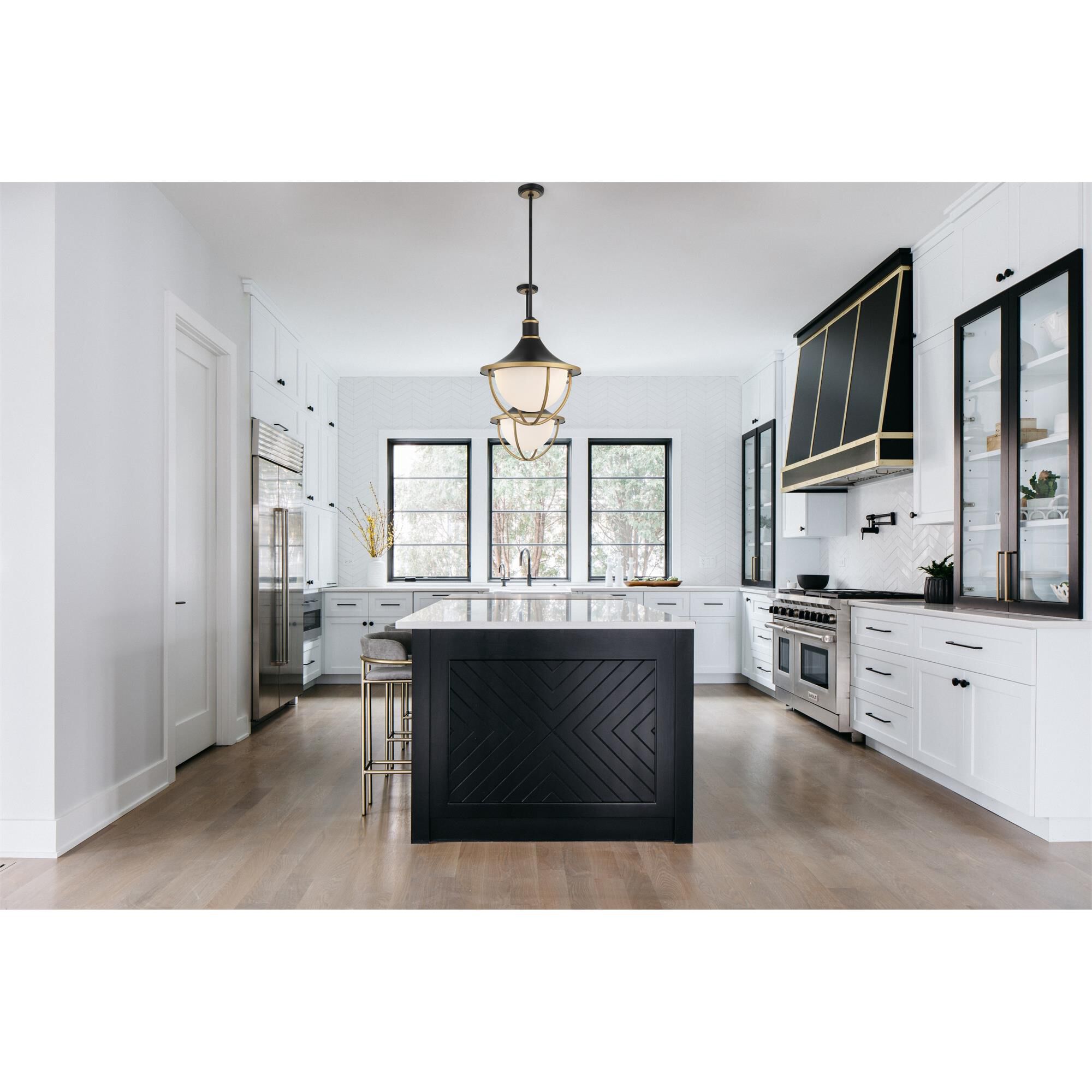 Shown in Matte Black + Textured Gold finish and White glass