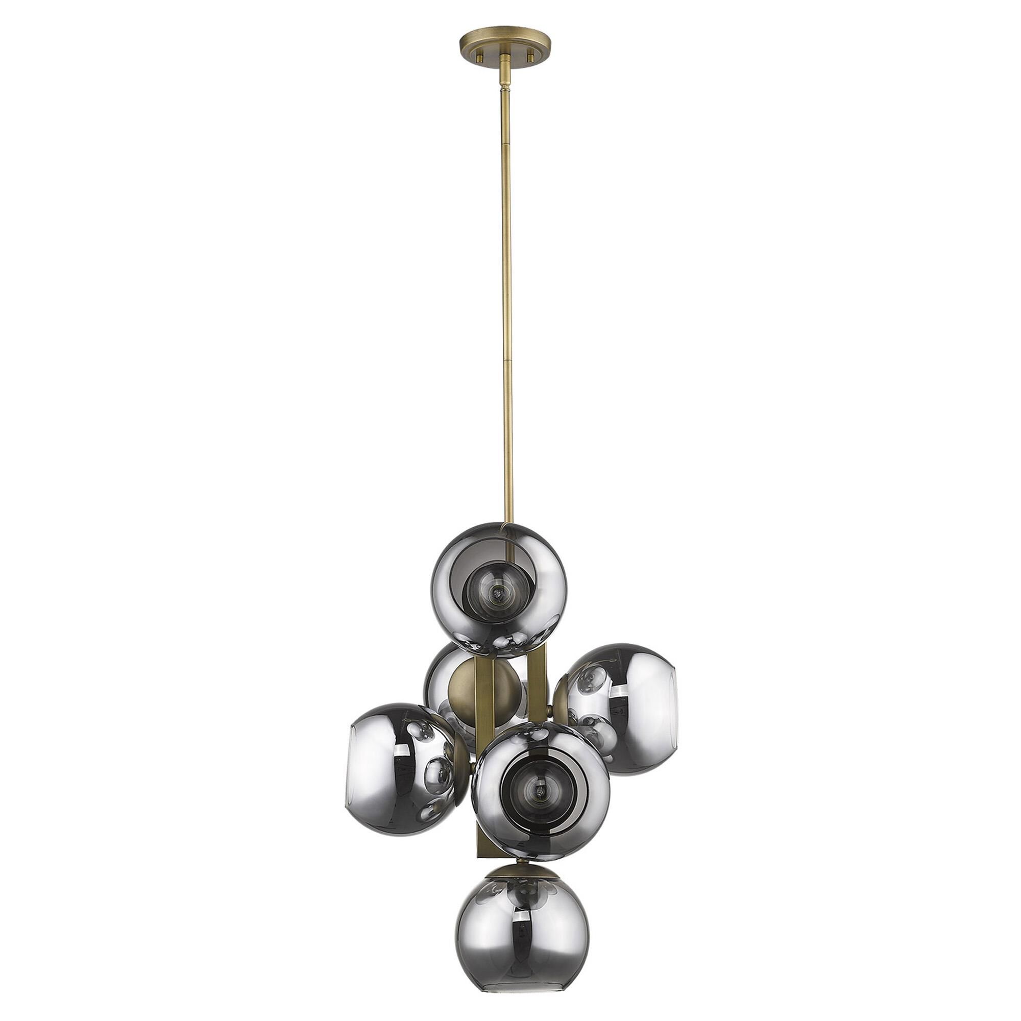 Shown in Aged Brass finish and Smoke glass and Smoke Glass Globes shade