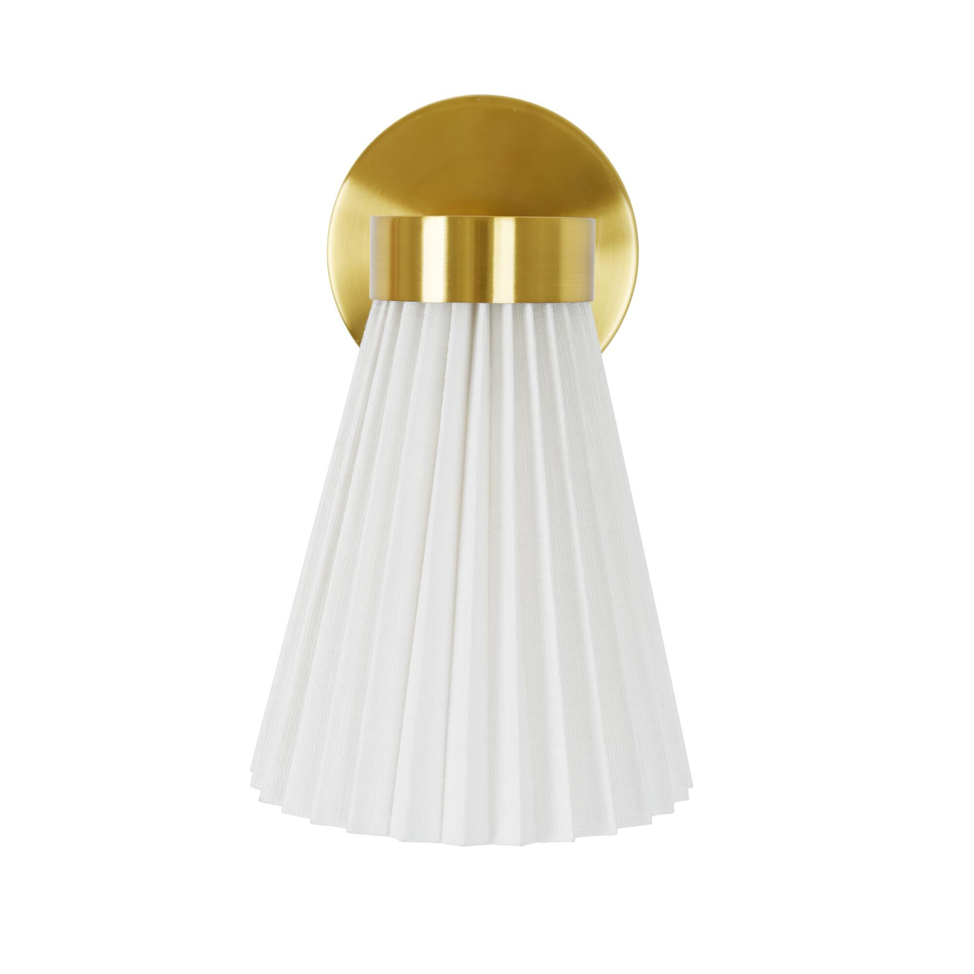 Shown in Brass and White finish and White Linen shade