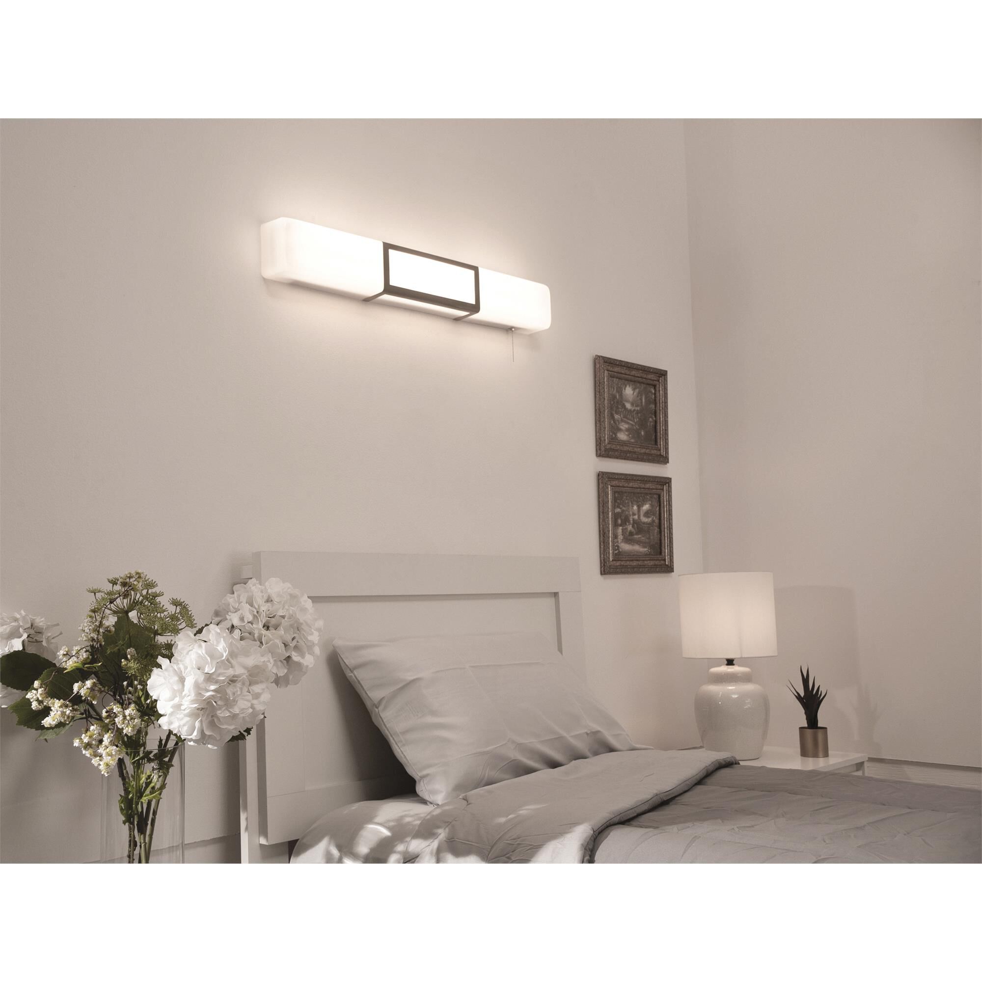 Shown in Satin Nickel finish and White Acrylic shade