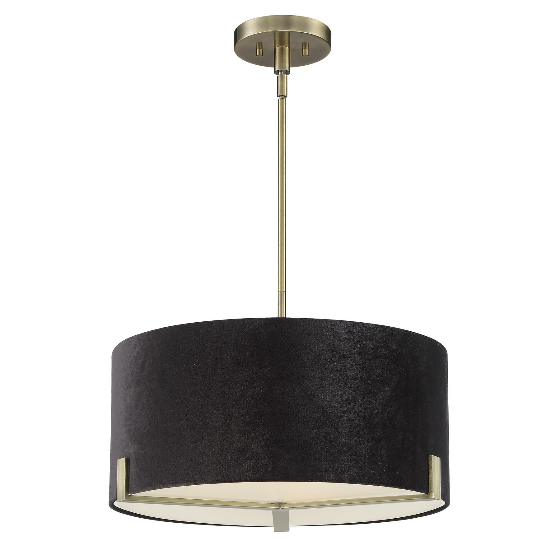 Shown in Weathered Antique Brass finish and Black Linen shade