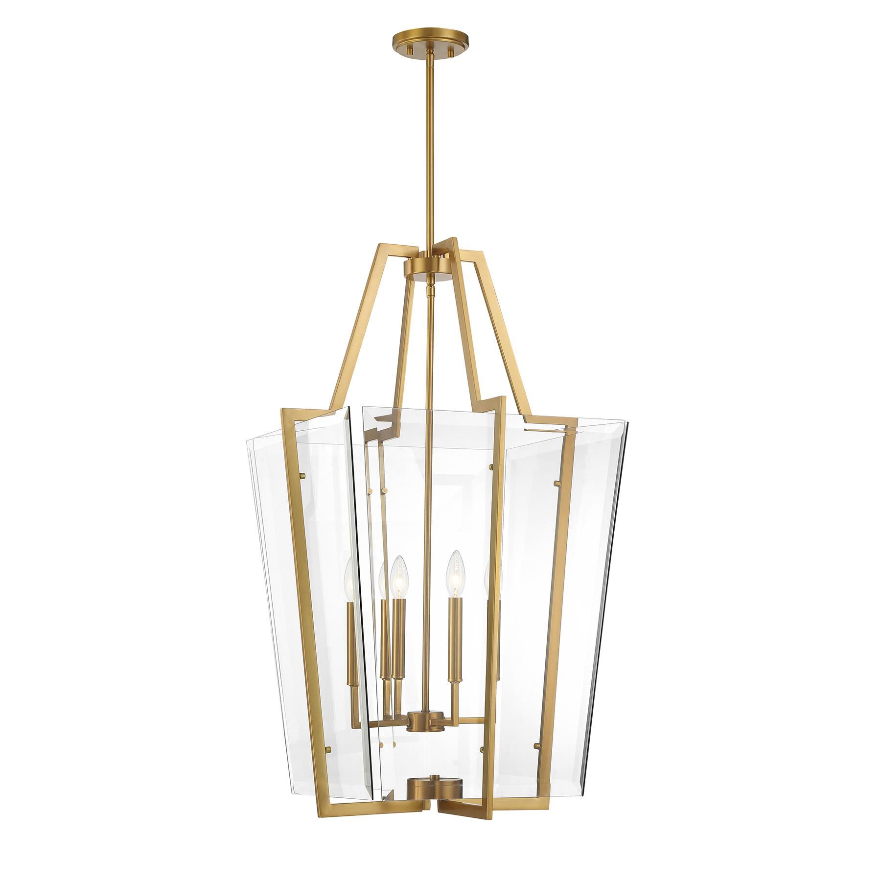 Shown in Warm Brass finish and Clear Beveled glass