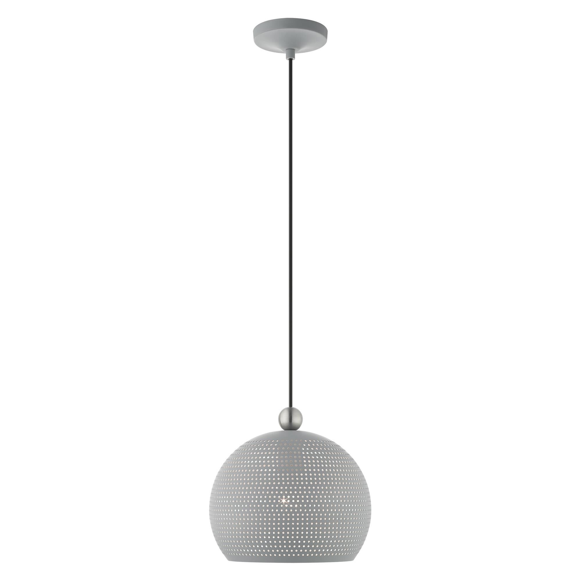 Shown in Nordic Gray With Brushed Nickel Accents finish and Nordic Gray Ornamental Metal Shade With White Finish Inside glass and Nordic Gray Ornamental Metal  With White Finish Inside shade