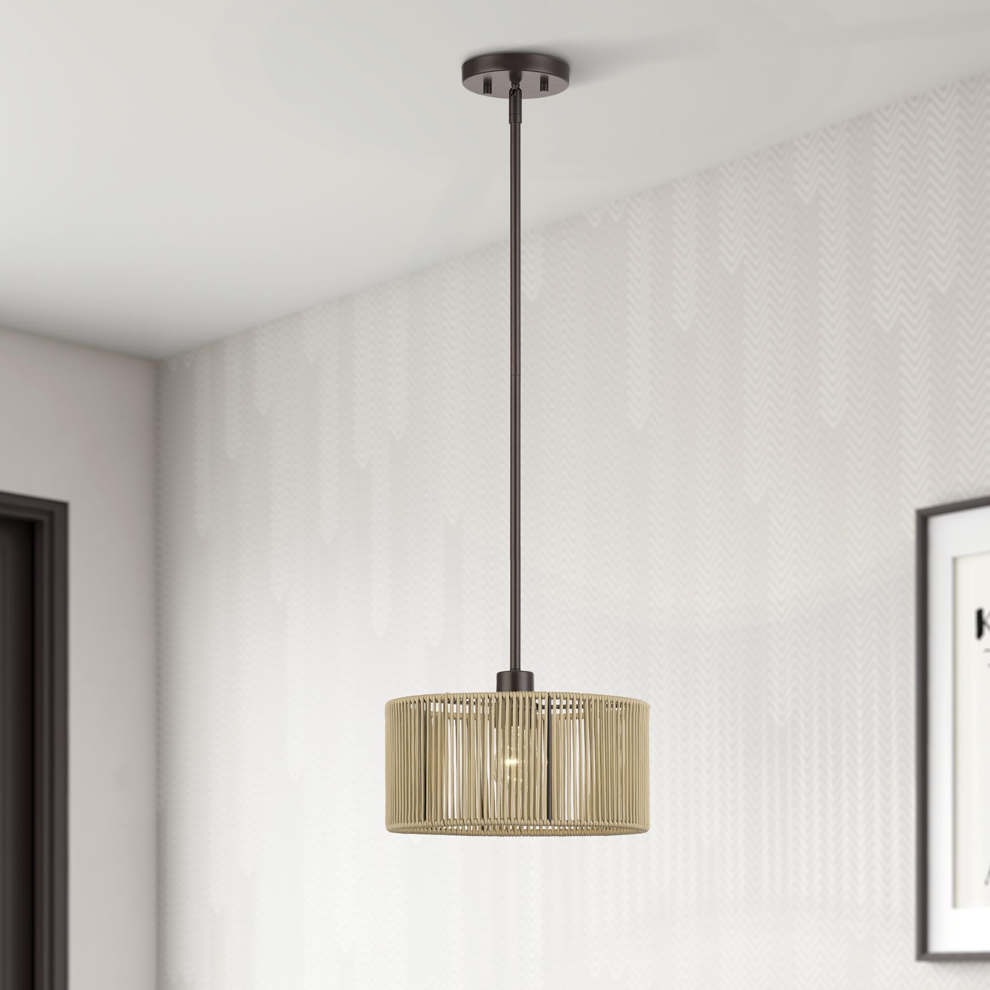 Shown in English Bronze finish and Hand-Woven Venetian Gold Color Polyester Rope shade