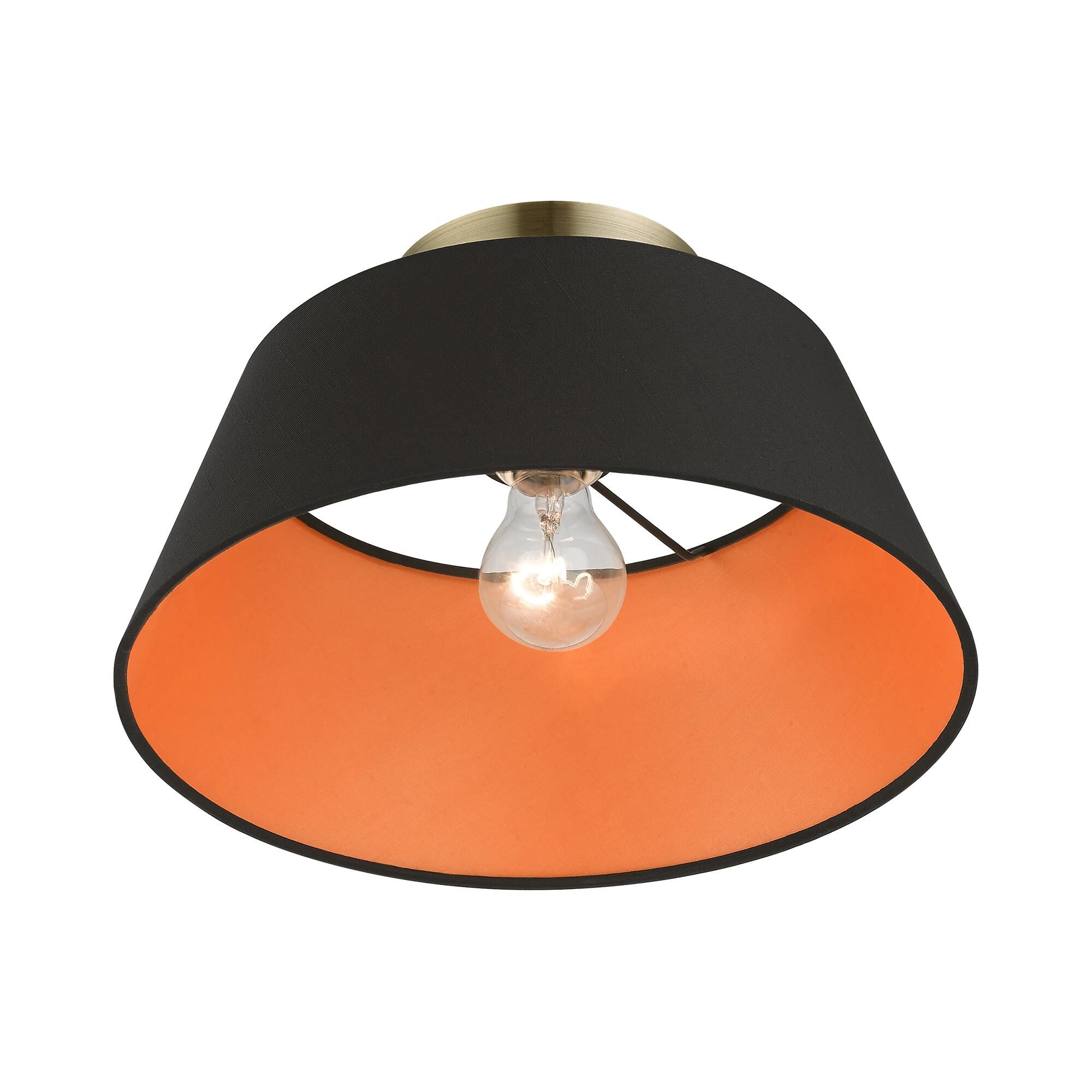 Shown in Antique Brass finish and Black Fabric Hardback with Orange Fabric Inside shade