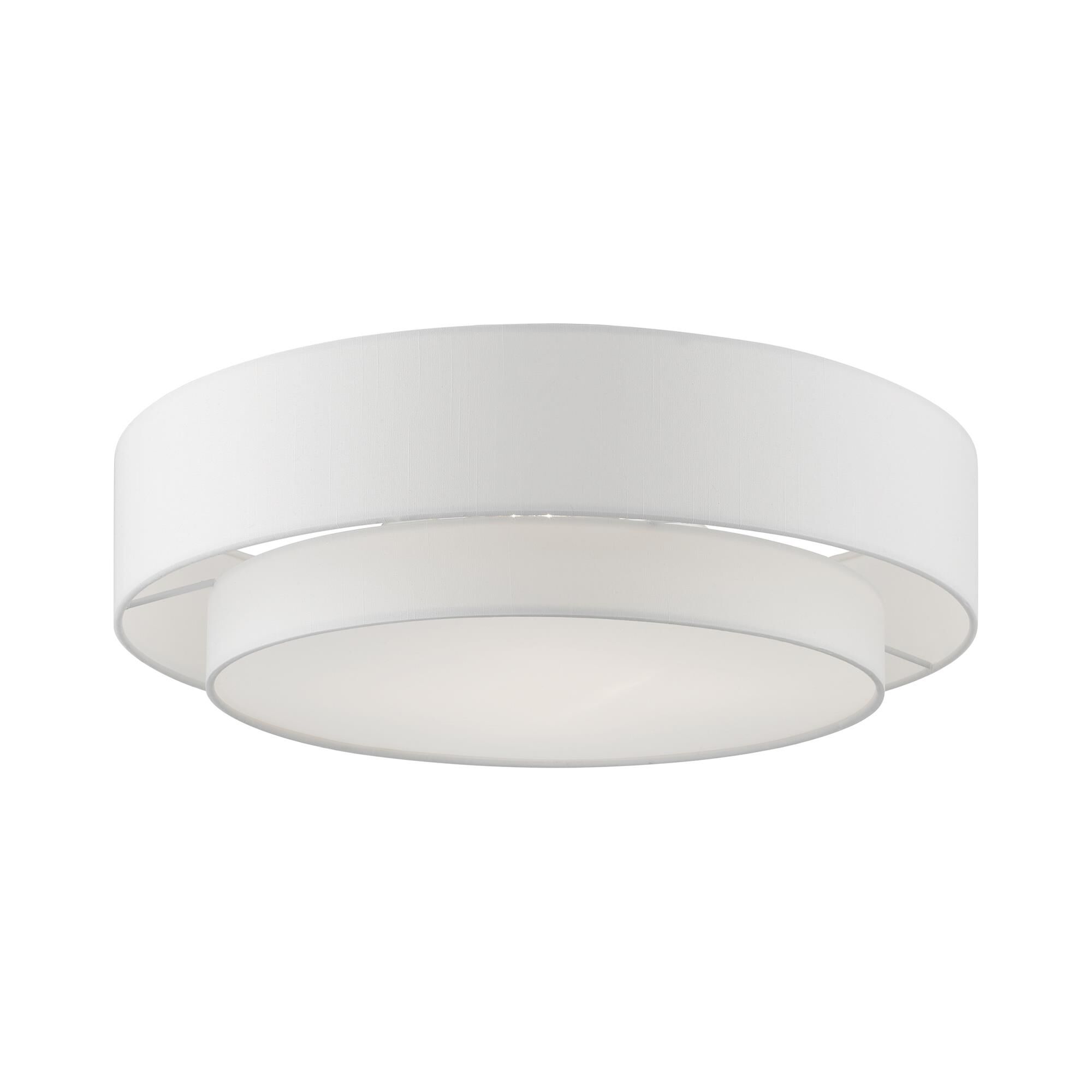 Shown in Brushed Nickel finish and Hand Crafted Off-White Hardback Fabric With White Fabric Inside shade