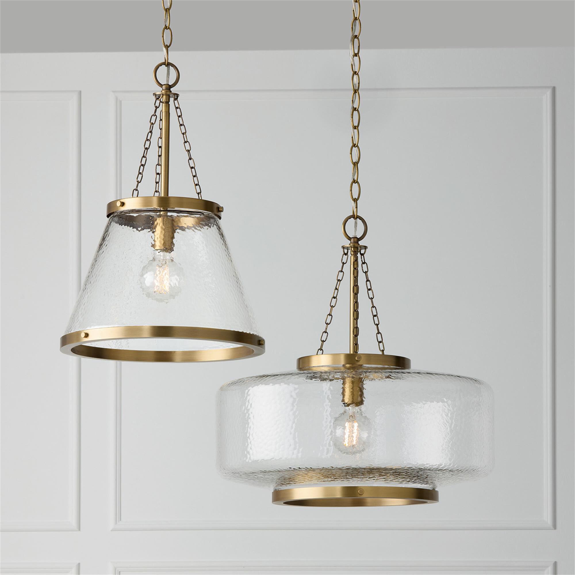 Shown in Aged Brass finish and Organic Hammered glass
