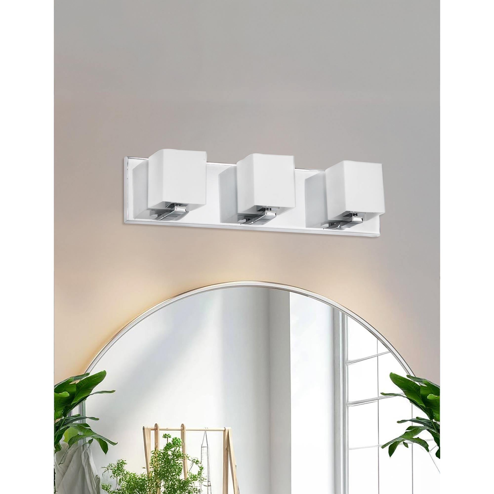 Shown in Polished Chrome and White finish and White Square glass