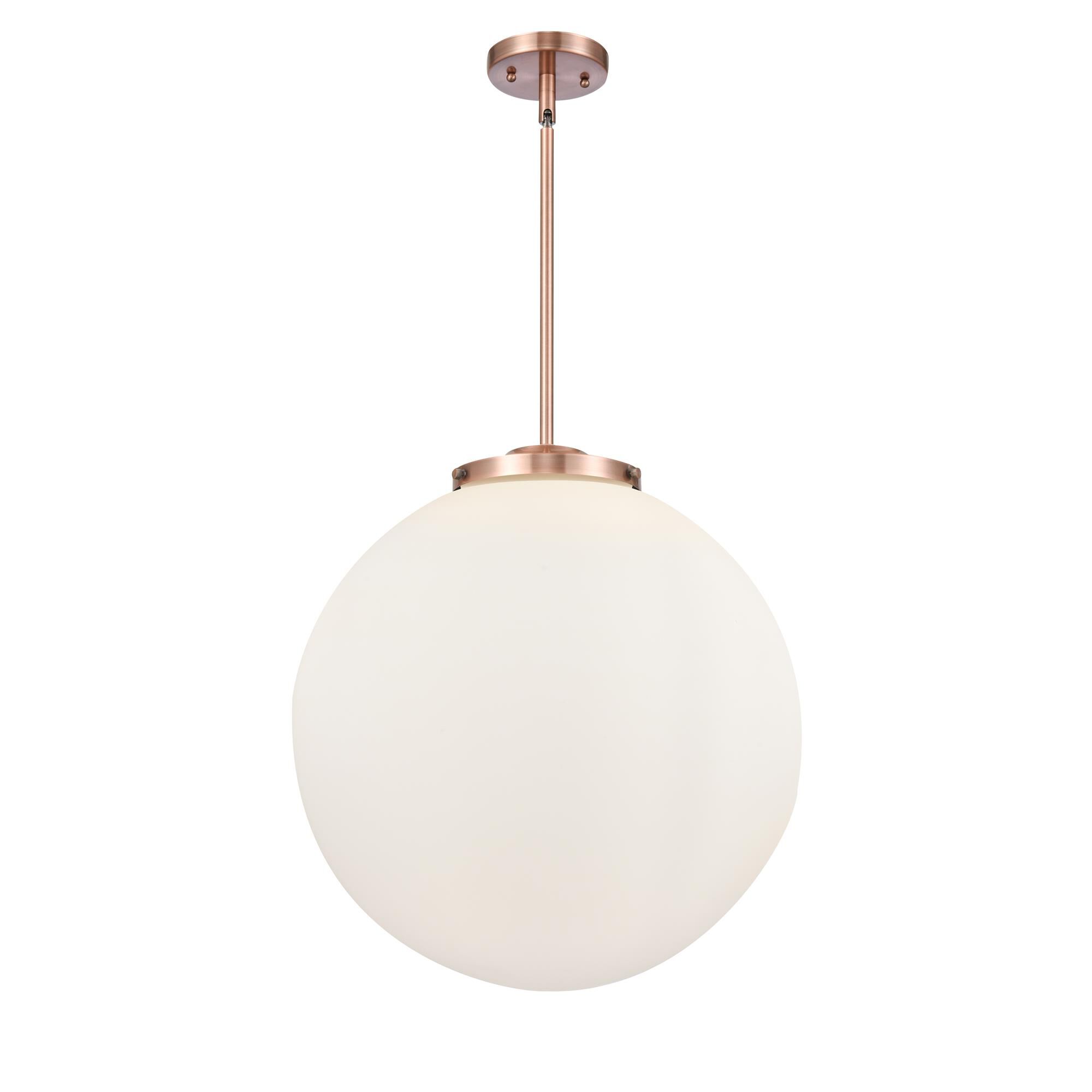 Shown in Antique Copper finish and Matte White Cased Beacon glass