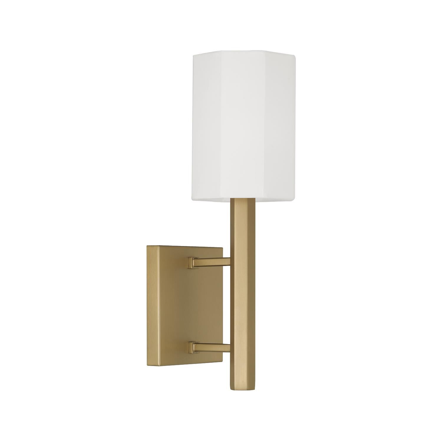 Shown in Aged Brass finish and White Fabric Octagonal shade