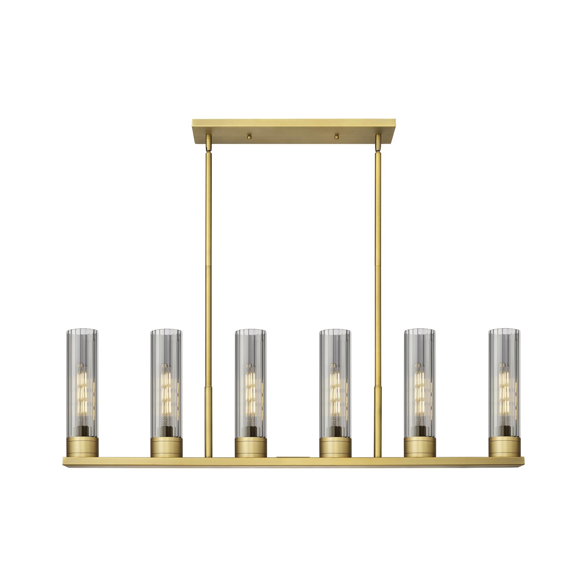 Shown in Brushed Brass finish and Plated Smoke glass and Plated Smoke Glass shade