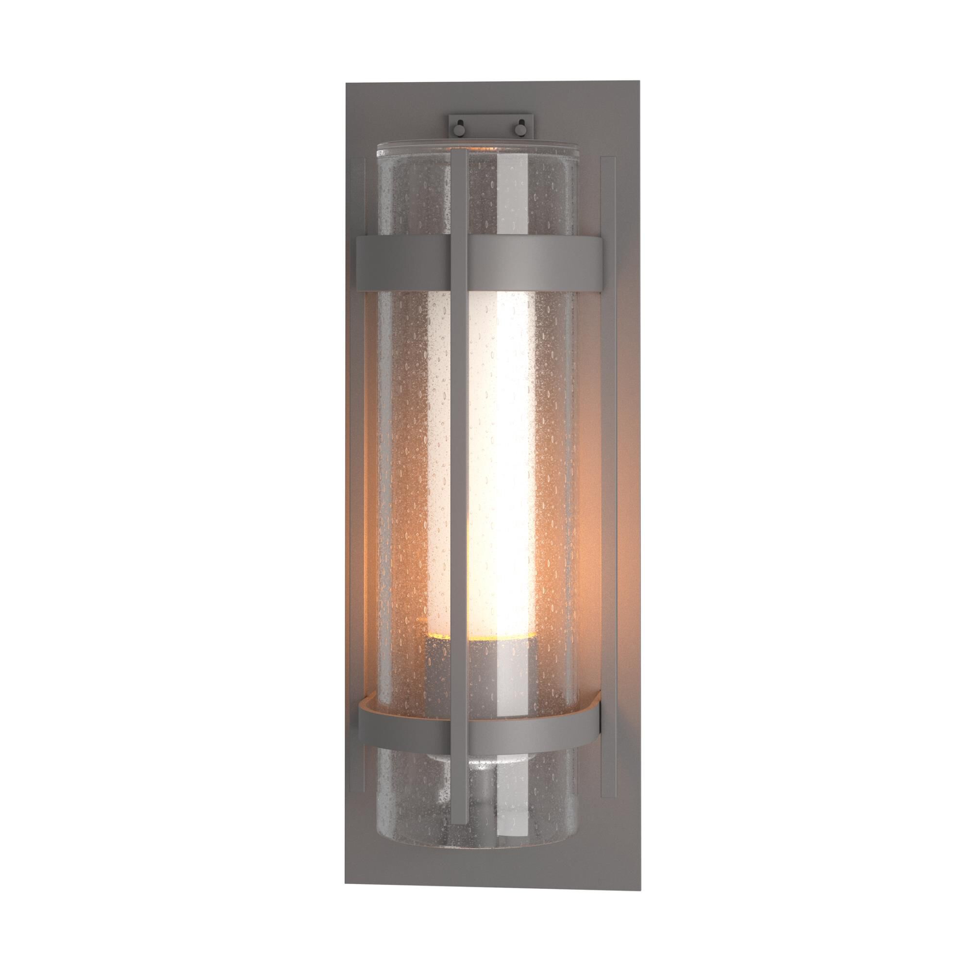 Shown in Coastal Burnished Steel finish and Opal And Seeded glass