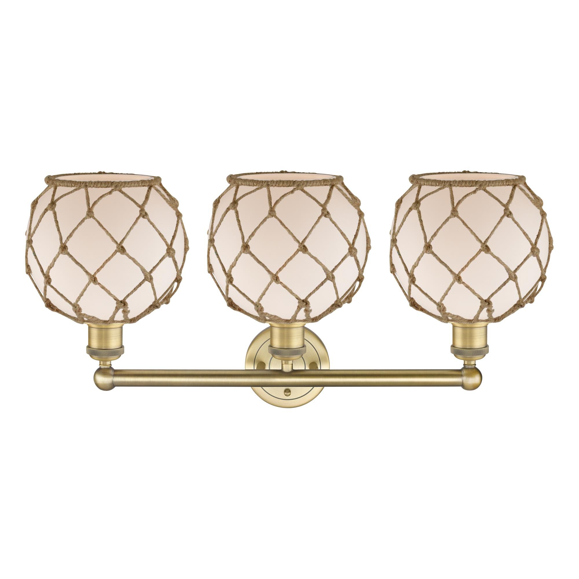 Shown in Brushed Brass finish and White with Brown Rope glass
