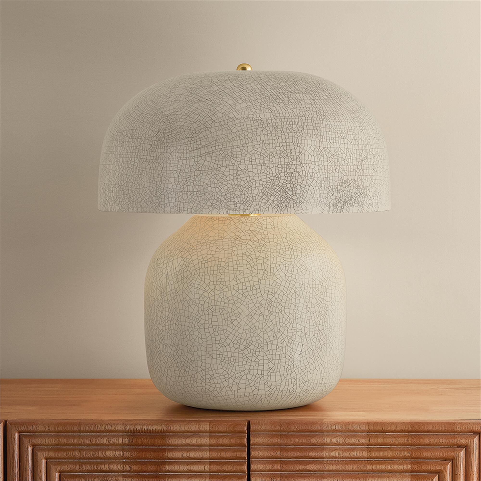 Shown in Aged Brass and Ceramic Inked Crackle finish and Inked Crackle Ceramic shade