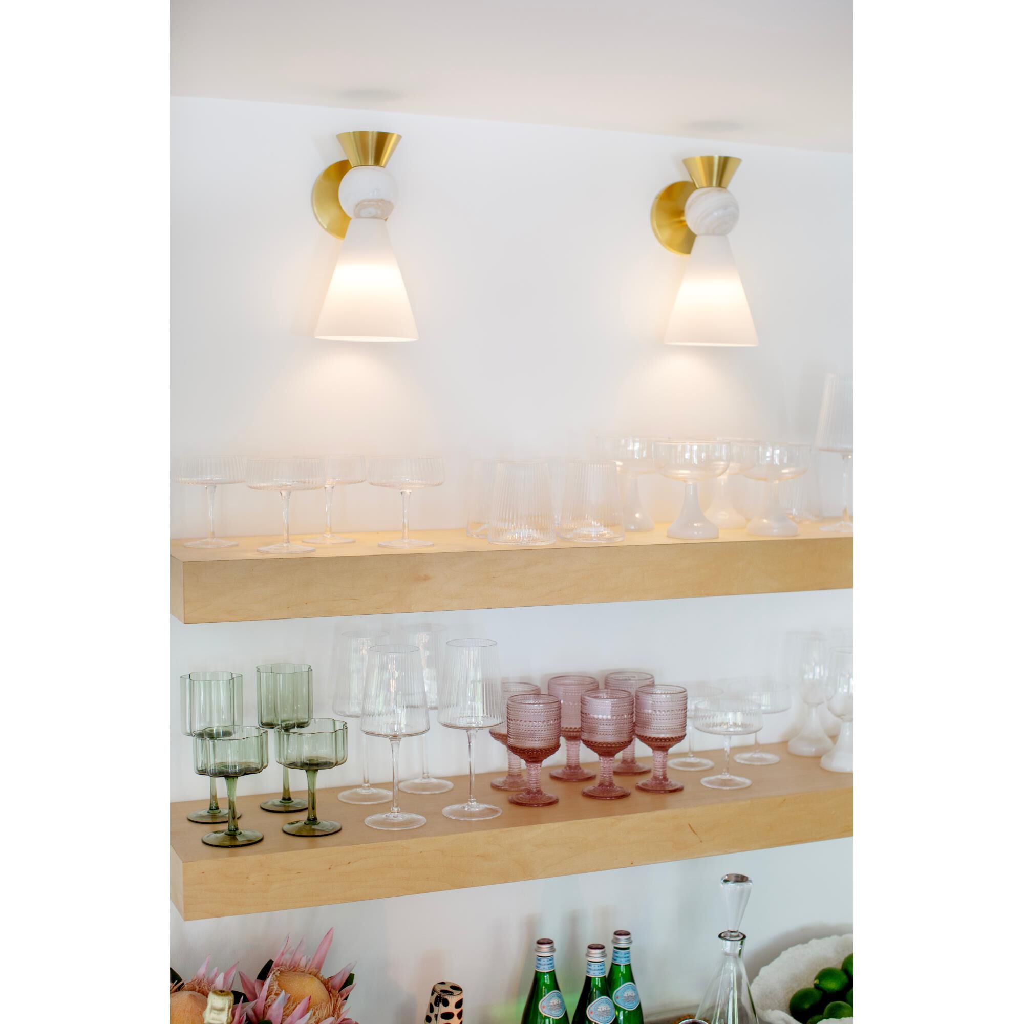 Shown in Aged Brass finish and Opal Shiny glass