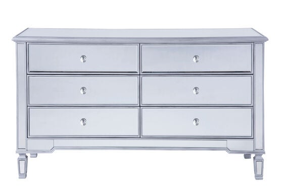 Silver storage cabinet with mirrored drawers against a white background.