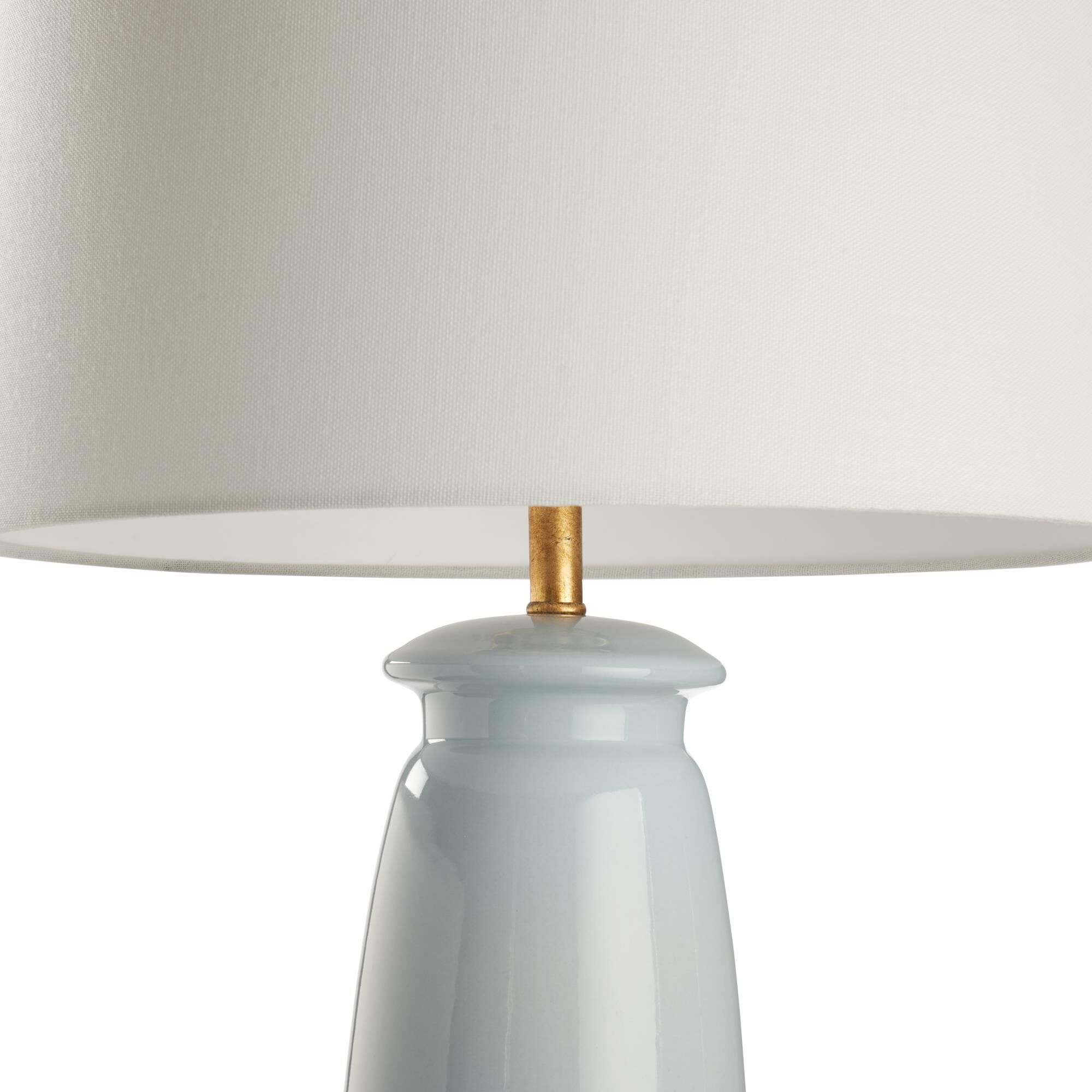 Shown in Blue and Gold finish and Linen shade